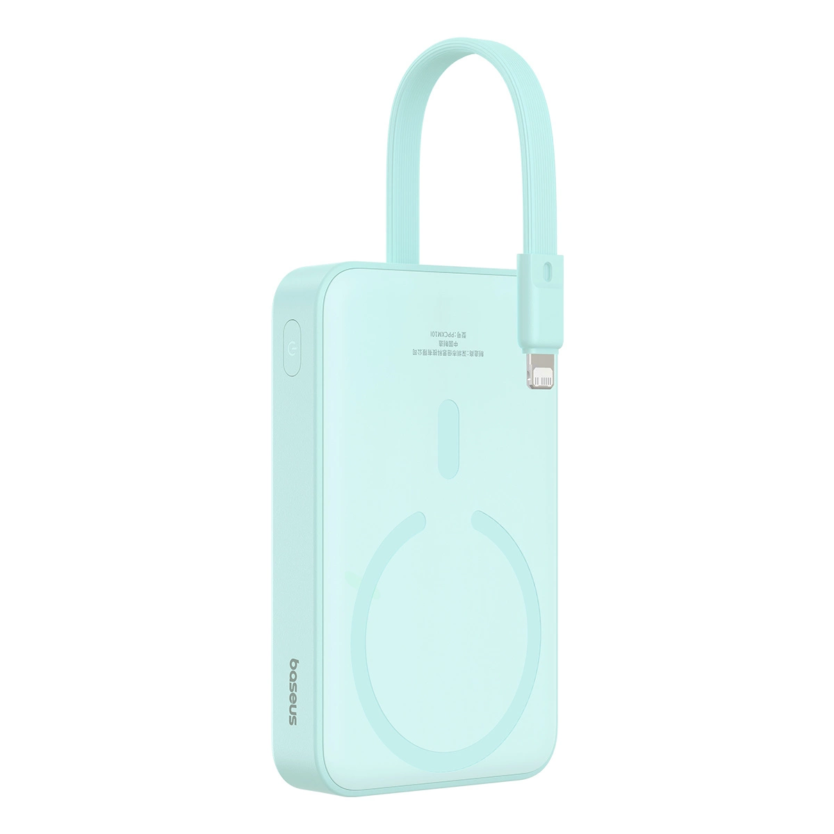 Miętowy power bank Baseus z pętlą, portem ładowania i symbolem zasilania. Logo marki jest widoczne na dole urządzenia.