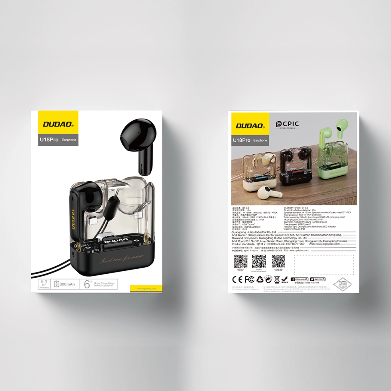 Pudełko produktu słuchawek U18Pro. Wyświetlane są czarne i zielone słuchawki. Pokazane są specyfikacje techniczne i logo marki.