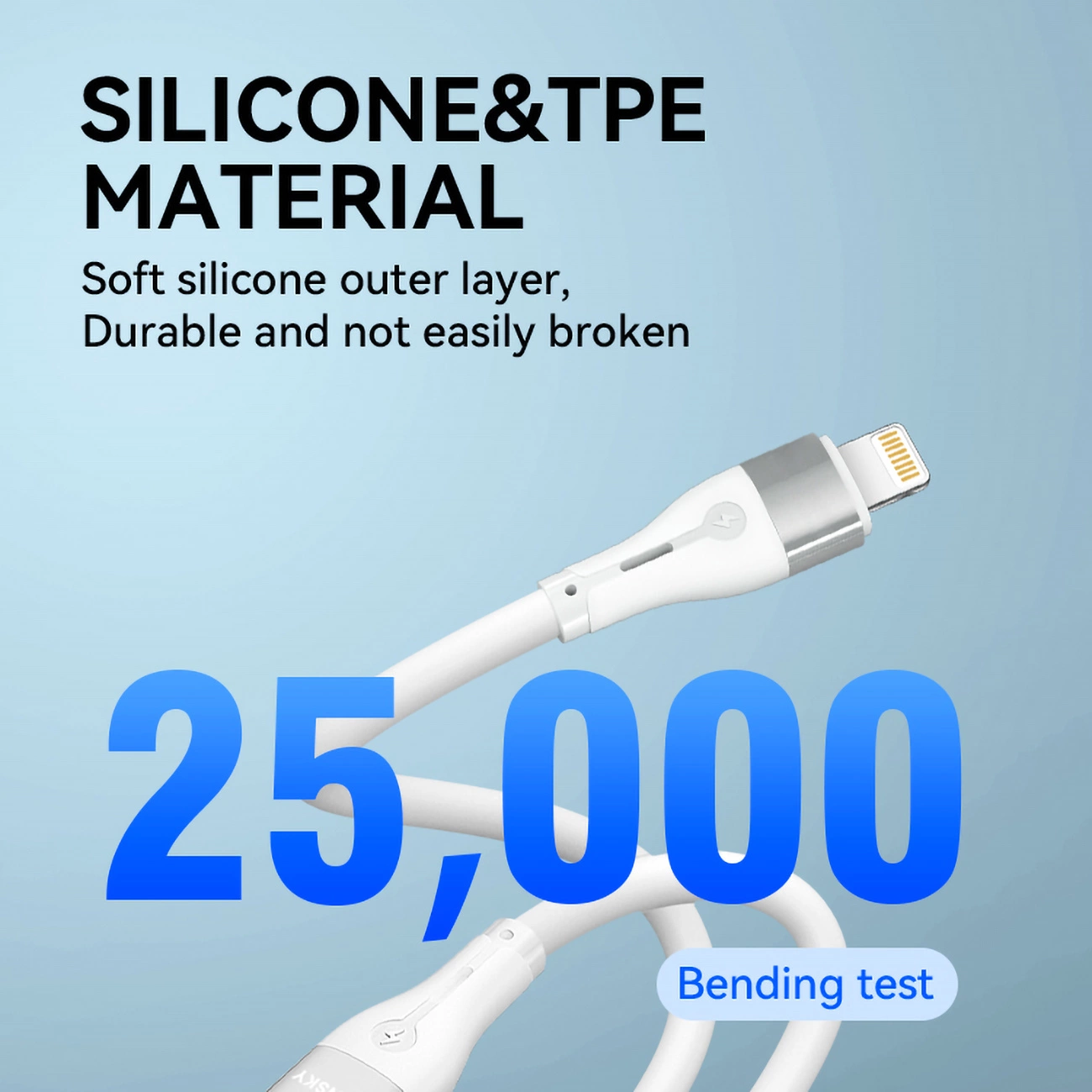 Pokazano biały kabel ze srebrnym złączem. Tekst mówi 'SILICONE&TPE MATERIAL' i '25 000 test zginania'.