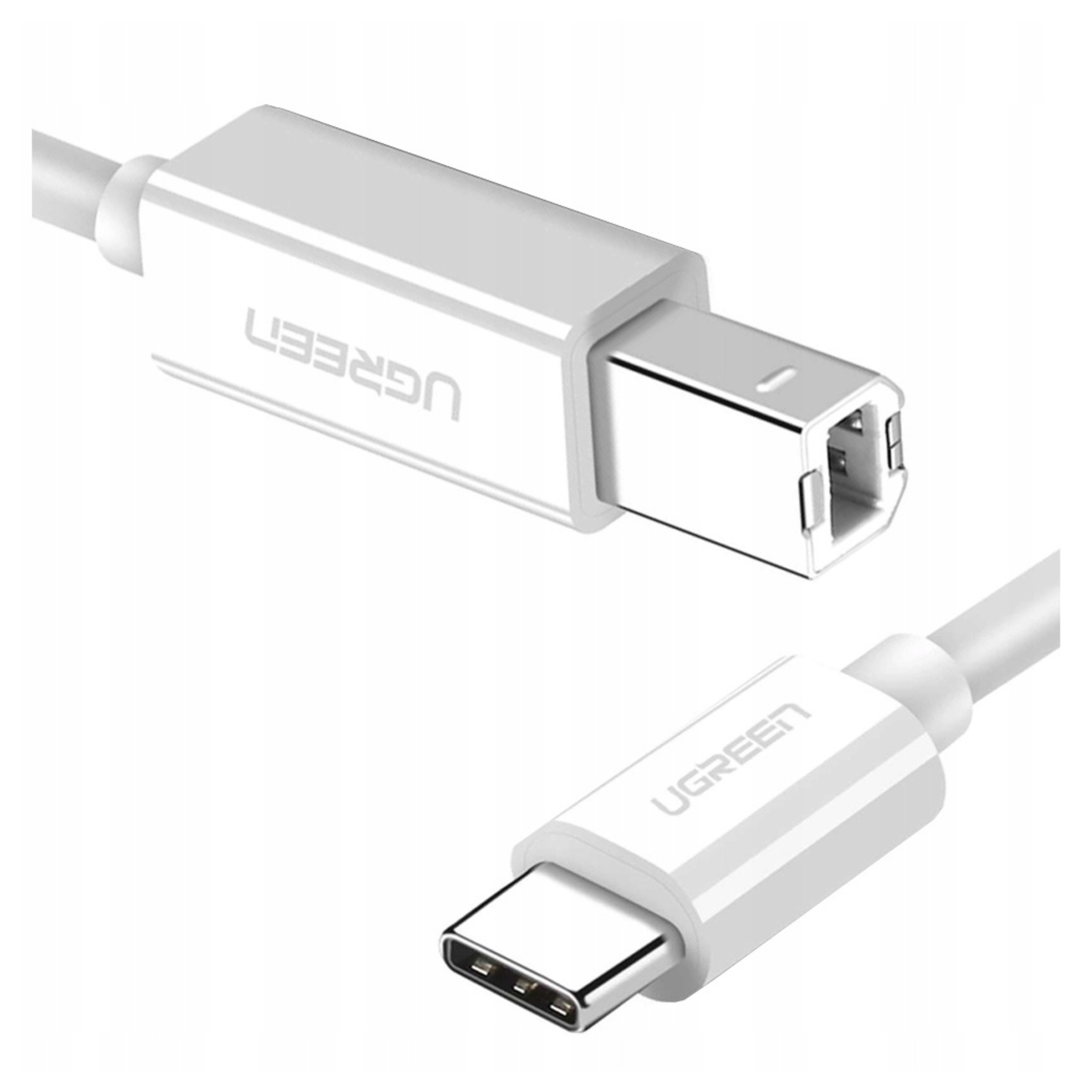 Biały kabel UGREEN z złączami USB-C i mini DisplayPort. Widok z góry, złącza na obu końcach, na białym tle.