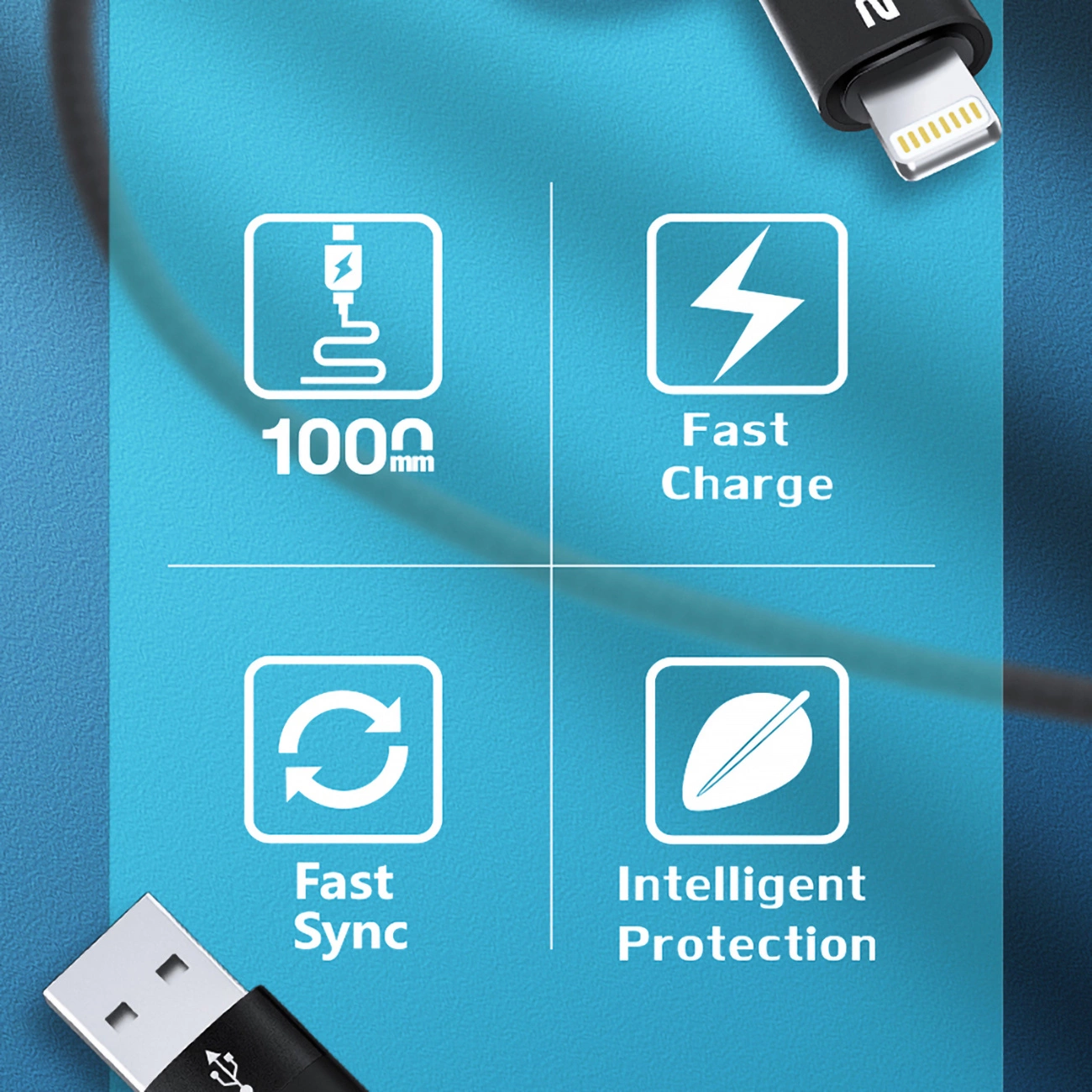 Obrazek przedstawia kabel ładujący z ikonami dla 100mm, szybkie ładowanie, szybka synchronizacja i inteligentna ochrona na niebieskim tle.
