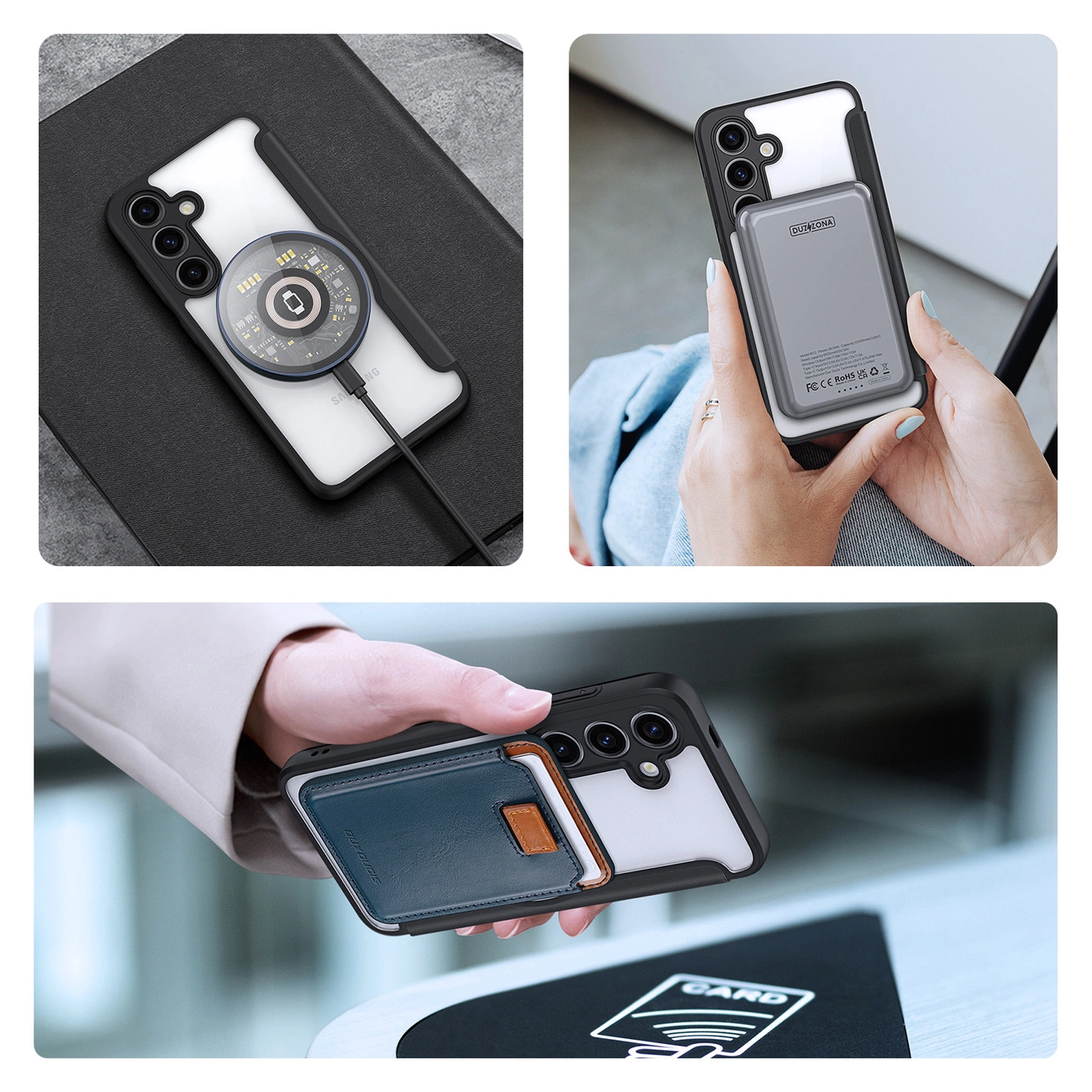 Un telefono in una custodia con accessori. Include un caricatore wireless, un power bank e un porta carte.
