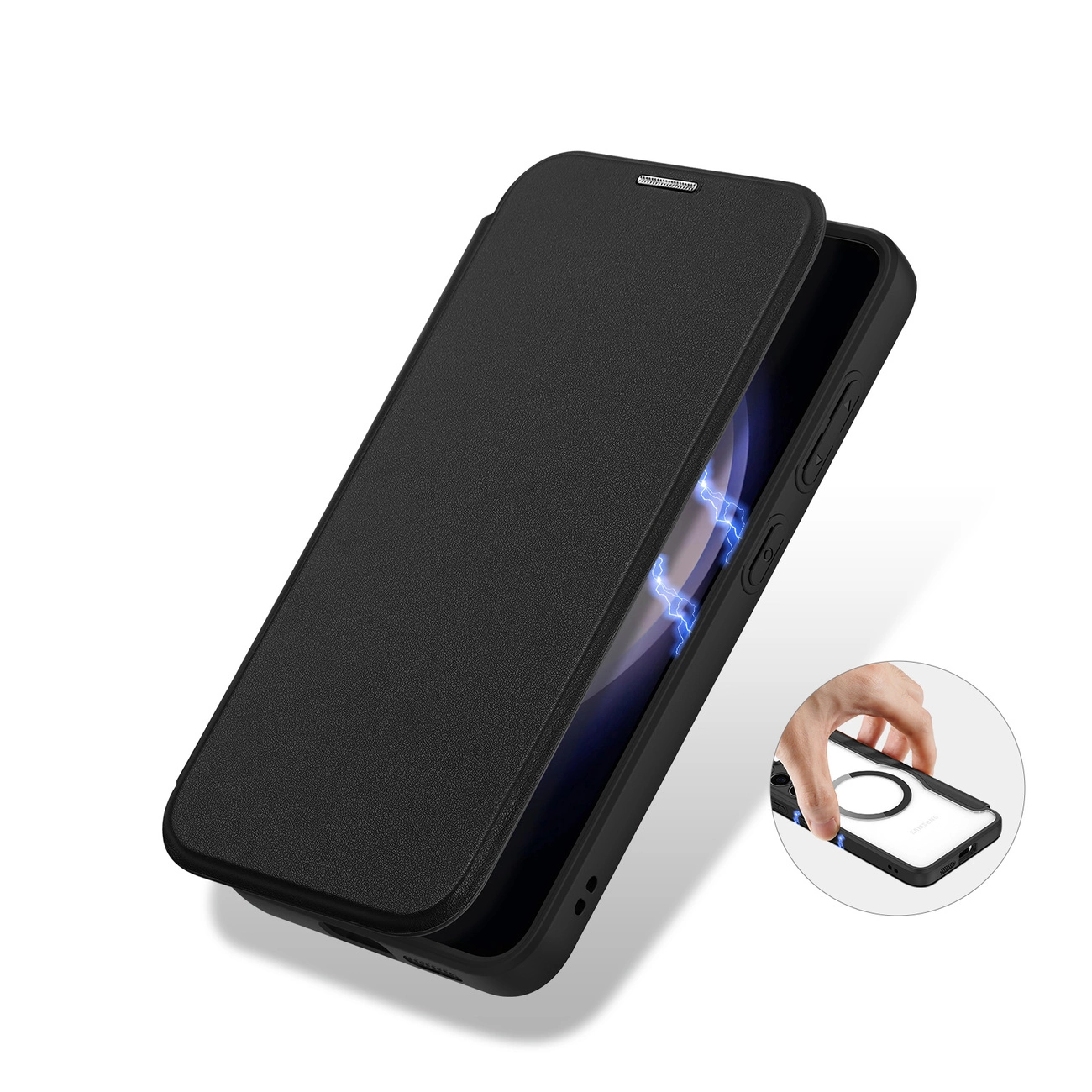 Custodia per telefono nera con cover a libro, aperta per rivelare il telefono. Una mano tiene una custodia trasparente con anello.