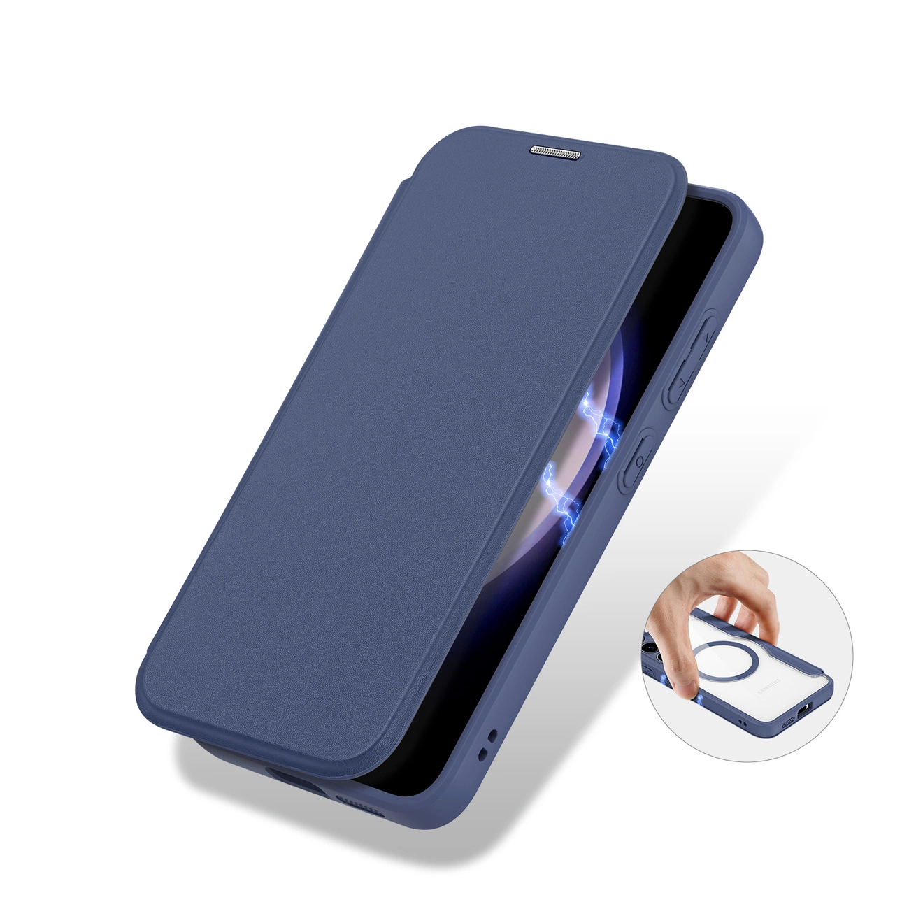 È mostrata una custodia blu per telefono con copertina a ribalta, parzialmente aperta. Una mano tiene una custodia trasparente con anello magnetico.
