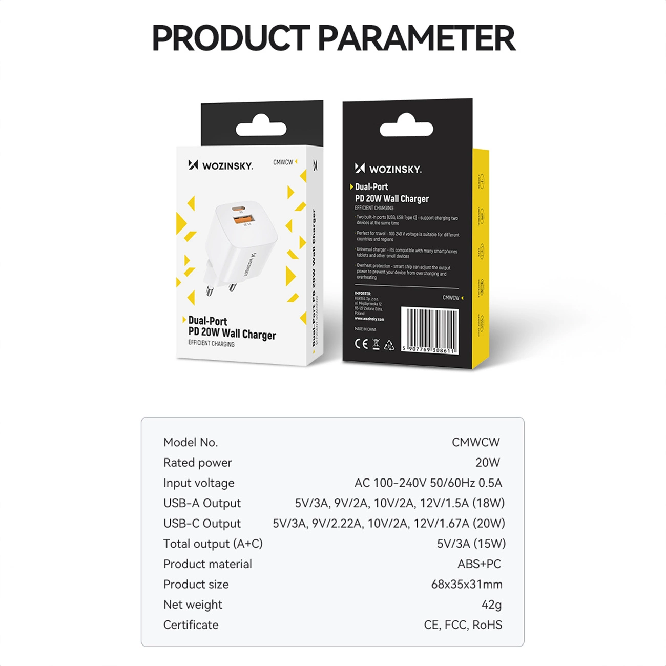 Zdjęcie produktu przedstawia ładowarkę ścienną z dwoma portami z opakowaniem. Teksty obejmują specyfikacje, markę Wozinsky i szczegóły produktu.