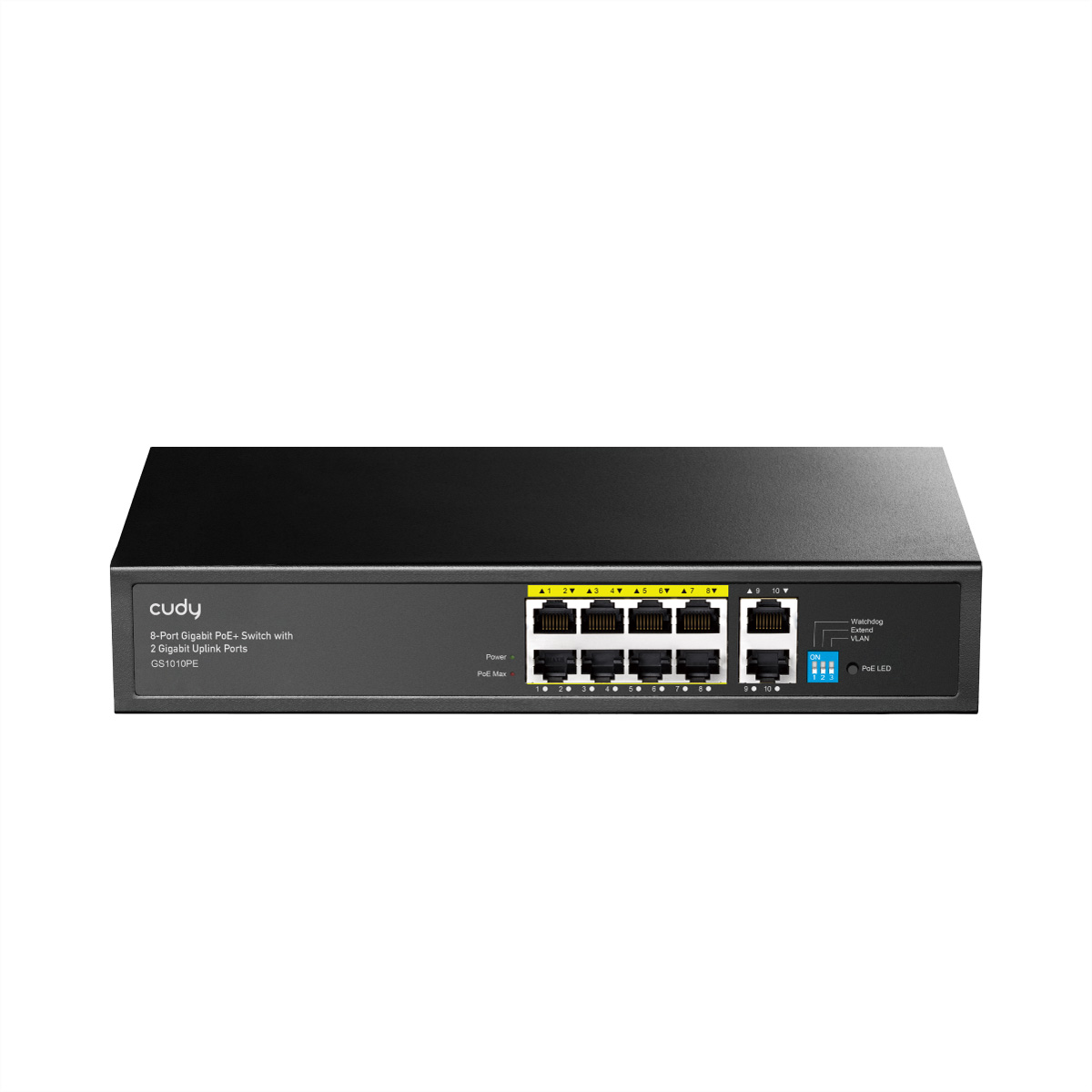 Switch di rete nero con porte e indicatori. Il marchio è Cudy. È uno switch Gigabit PoE+ a 8 porte con 2 porte Uplink Gigabit.