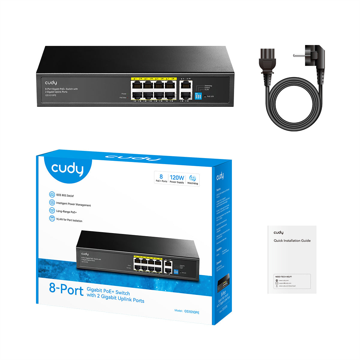 L'immagine mostra uno switch Cudy Gigabit PoE+ a 8 porte, la sua scatola, un manuale e cavi di alimentazione. Lo switch e la scatola sono neri e blu.