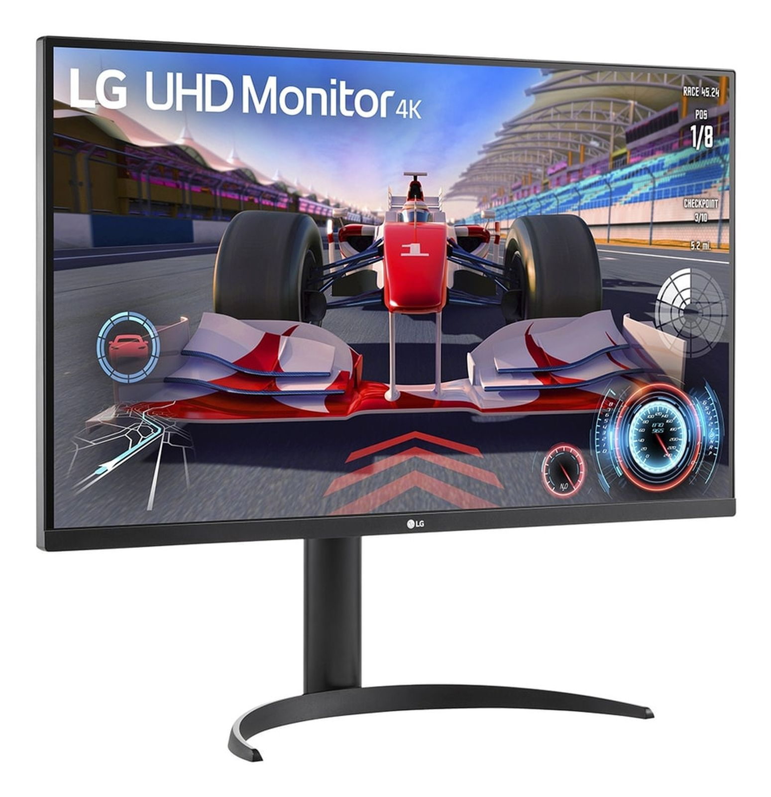 Monitor LG UHD 4K wyświetla samochód wyścigowy na torze. Samochód jest czerwono-biały. Tło przedstawia tor wyścigowy.