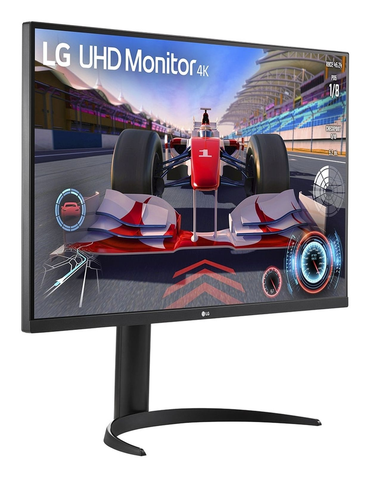 Monitor LG UHD 4K. Gra wyścigowa z czerwonym samochodem. Widoczne wskaźniki prędkości i grafika toru.