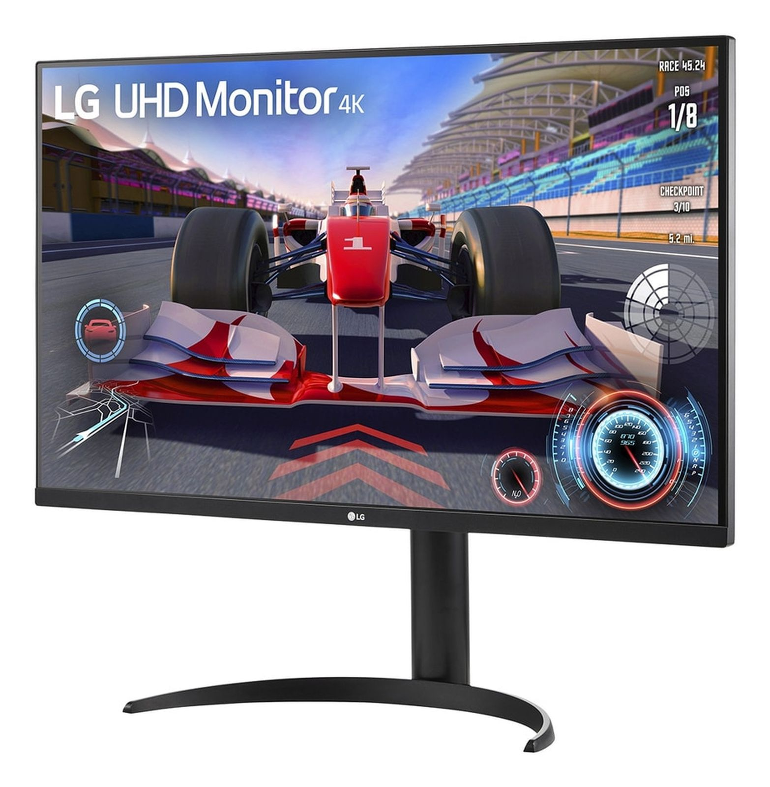 Monitor LG UHD 4K wyświetla grę wyścigową z czerwonym samochodem wyścigowym. Monitor stoi na czarnym stojaku.