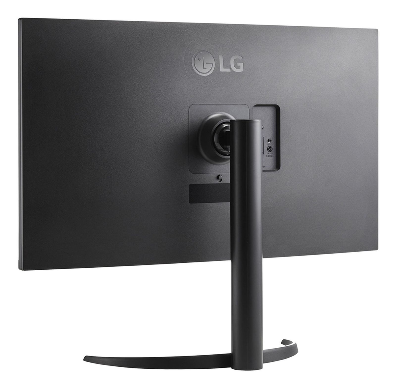 Widok z tyłu monitora LG. Czarny korpus, stojak. Widoczne porty i logo LG.