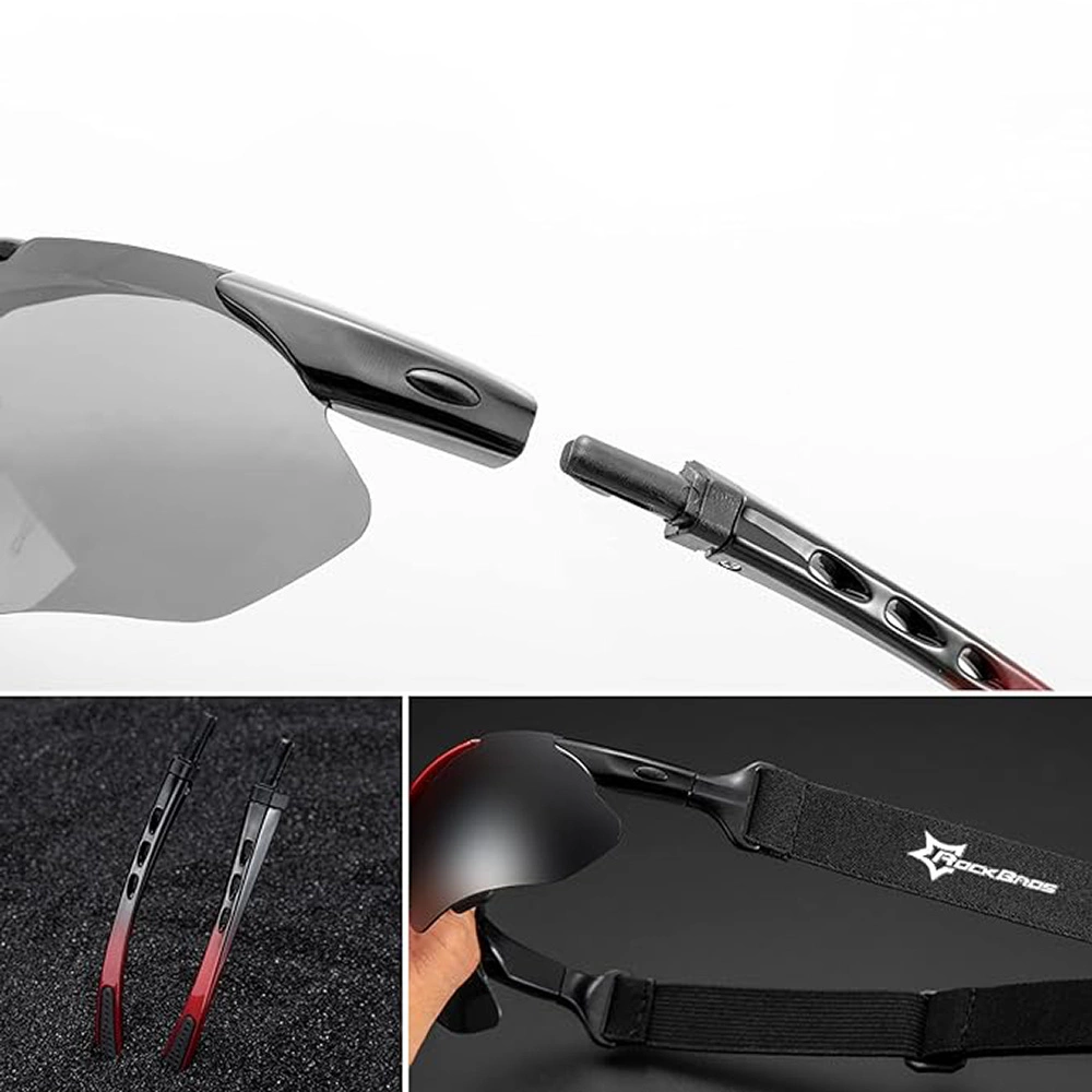 Zerlegte schwarze Sportbrille, die Rahmen- und Linsenteile zeigt. Zusätzliche Teile und ein Logo sind unten abgebildet.