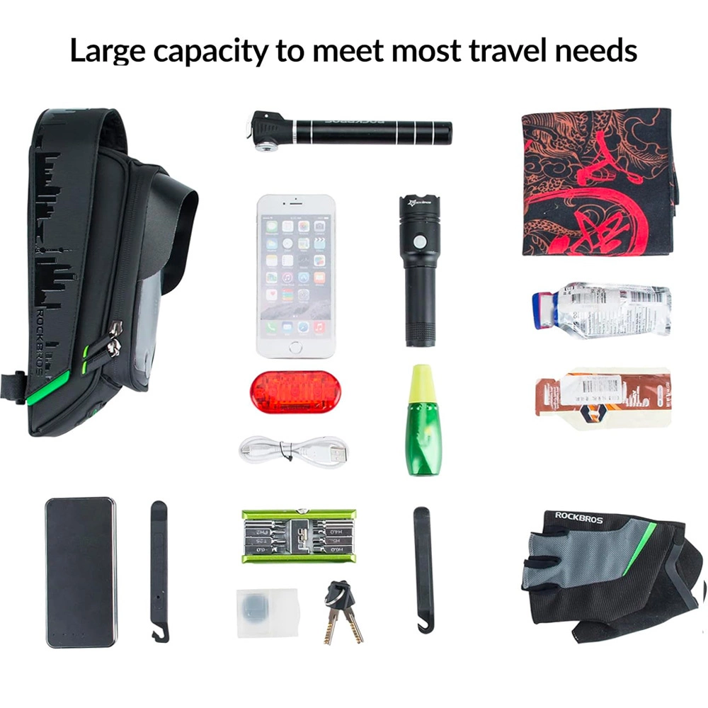L'immagine mostra accessori per bici: borsa, telefono, pompa, luce, asciugamano, acqua, snack, power bank, attrezzi, chiavi, guanti e altro.