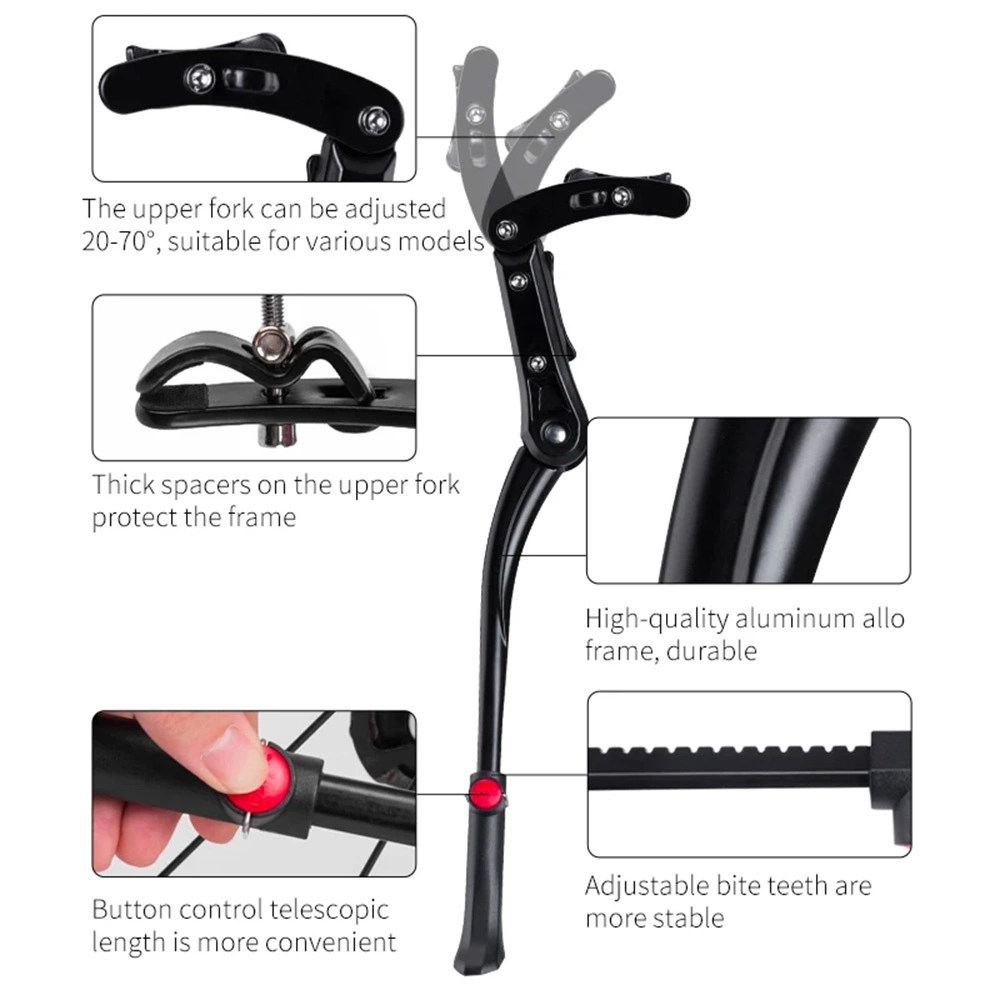 Cavalletto per bicicletta nero con funzioni di regolazione e descrizioni. Include primi piani dei suoi componenti e funzioni.