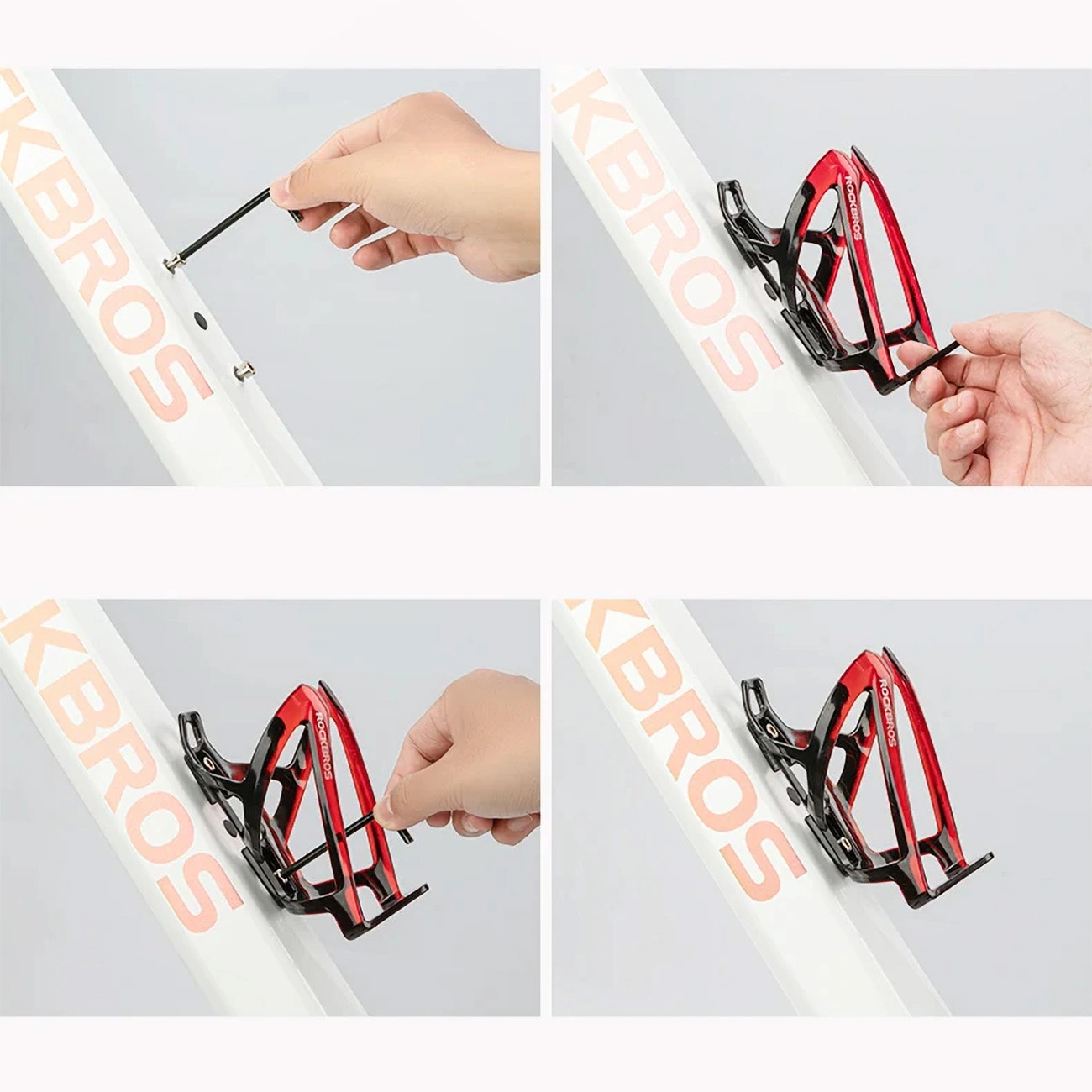 Montageschritte eines Fahrrad-Flaschenhalters. Hände verwenden Werkzeuge, um ihn am Fahrradrahmen zu befestigen. Der Halter ist schwarz und rot.