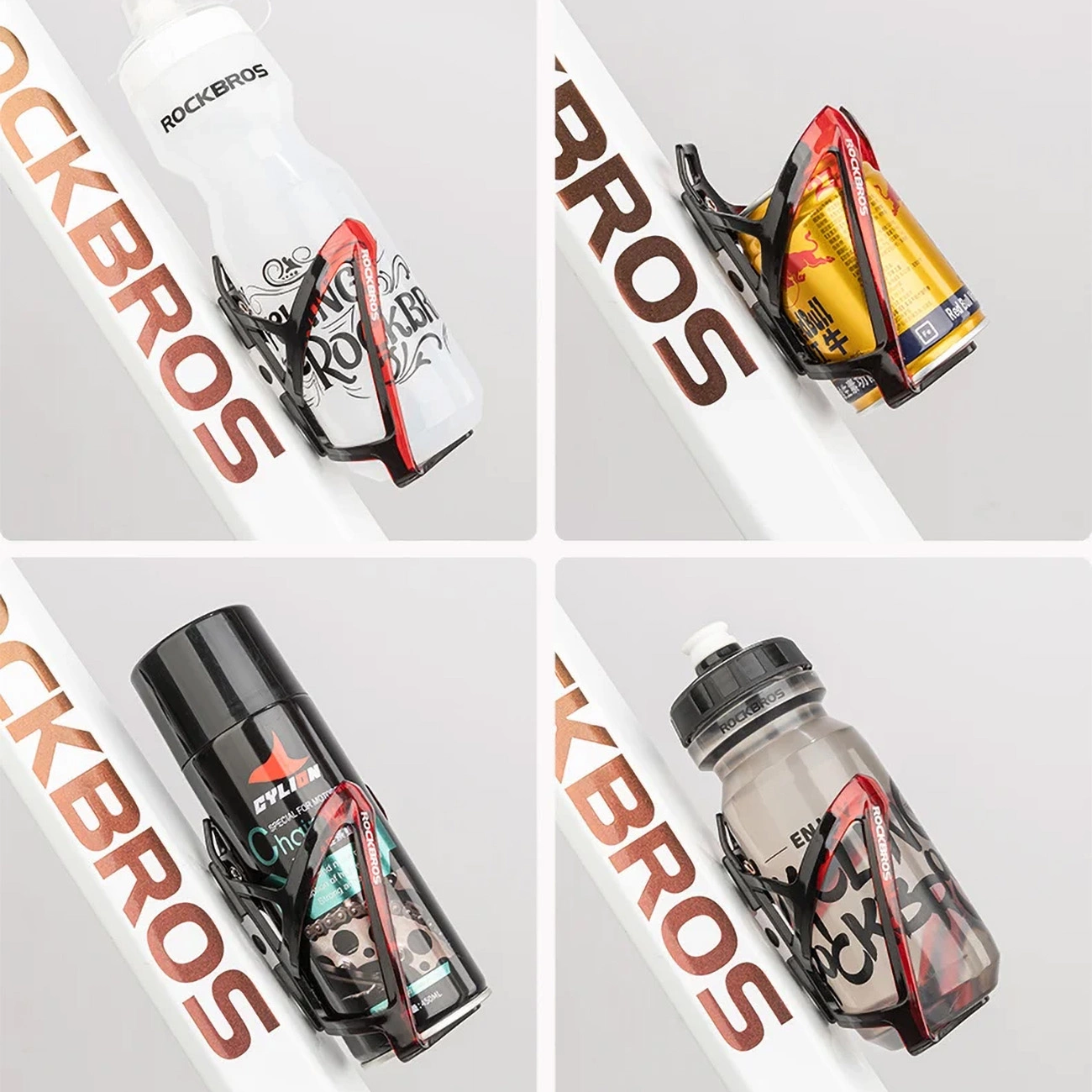Vier Fahrrad-Flaschenhalter mit verschiedenen Gegenständen: eine Wasserflasche, eine Red Bull-Dose, ein schwarzes Spray und eine Wasserflasche.