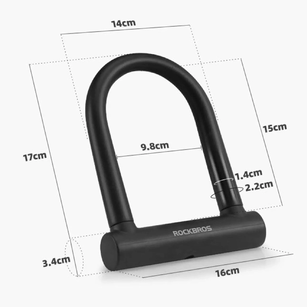 Lucchetto a U nero con dimensioni: 17cm, 16cm, 15cm, 14cm, 9,8cm, 3,4cm, 2,2cm e 1,4cm. Il marchio è ROCKBROS.