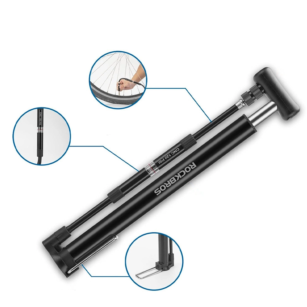 Una pompa per bicicletta Rockbros nera con tubo flessibile collegato, con uno pneumatico per bicicletta gonfiato in un inserto circolare.