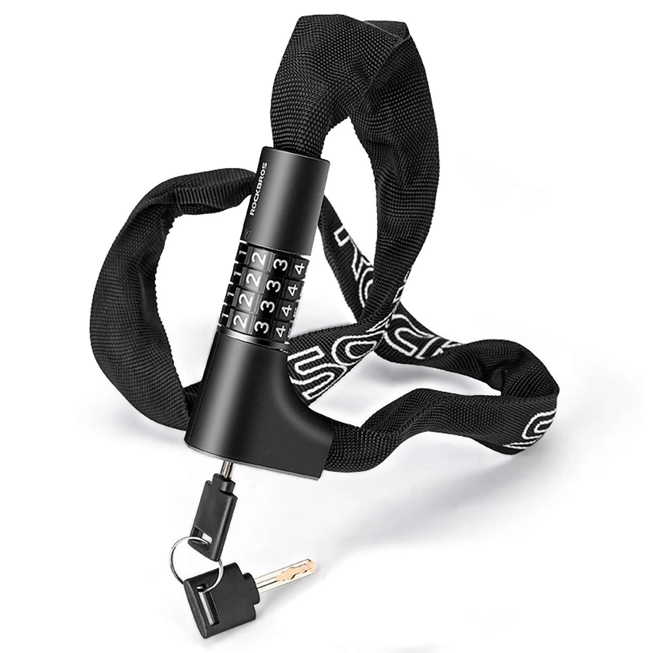 Lucchetto per bici nero con combinazione numerica e chiavi. Il lucchetto è su sfondo bianco. La catena ha scritte bianche.