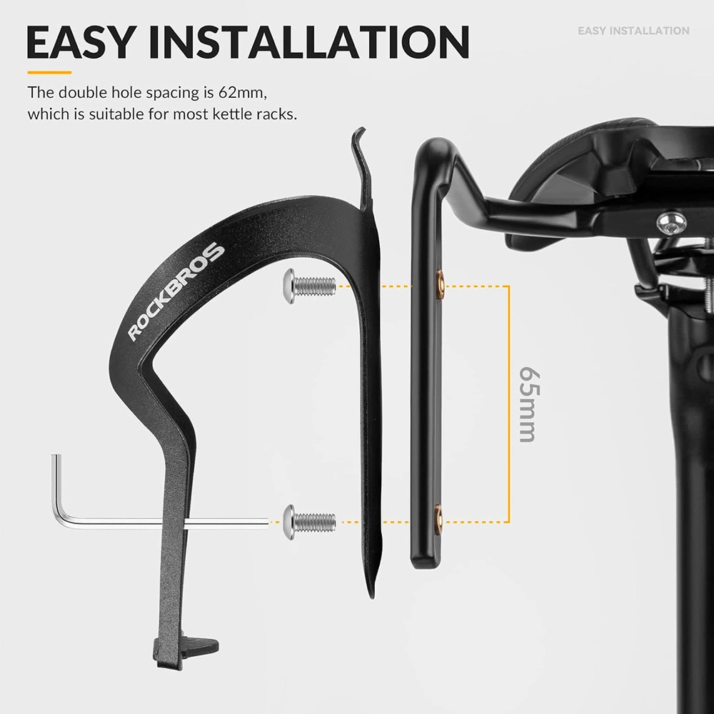Schwarzer Fahrrad-Flaschenhalter mit Schrauben, einem Inbusschlüssel und einer Fahrradsattelstütze. Der Text zeigt 'EASY INSTALLATION'.