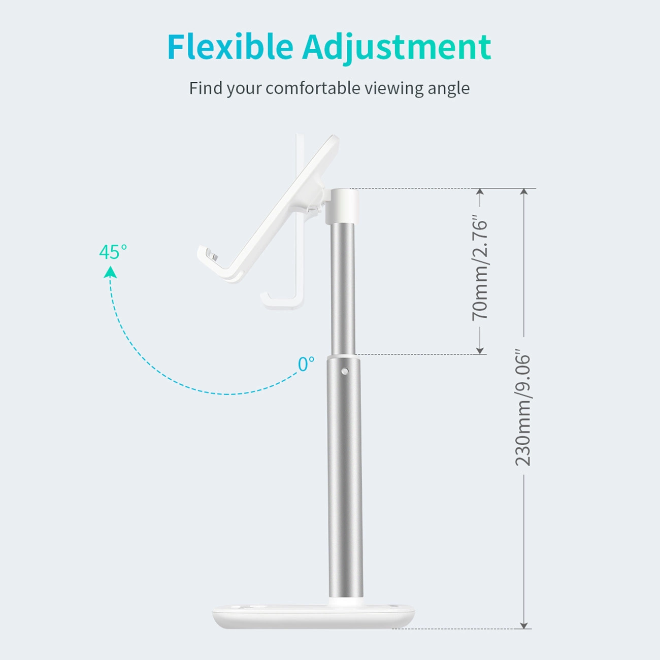 Ein weißer Tablet-Ständer mit verstellbarer Höhe und Winkel. Maße werden angezeigt. Text sagt 'Flexible Anpassung'.