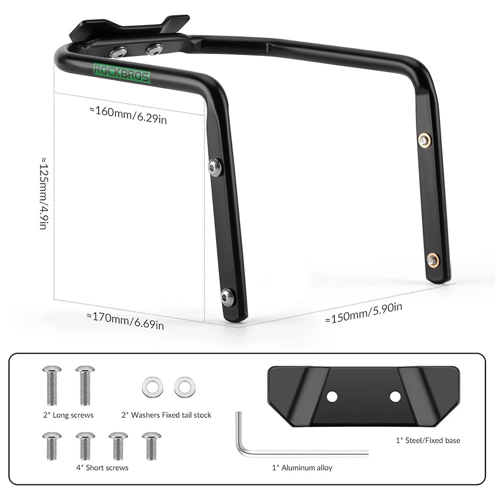 Schwarzer Rockbros-Fahrradgepäckträger mit Abmessungen. Enthält Schrauben, Unterlegscheiben, Aluminiumlegierung und Stahlbasisteile.