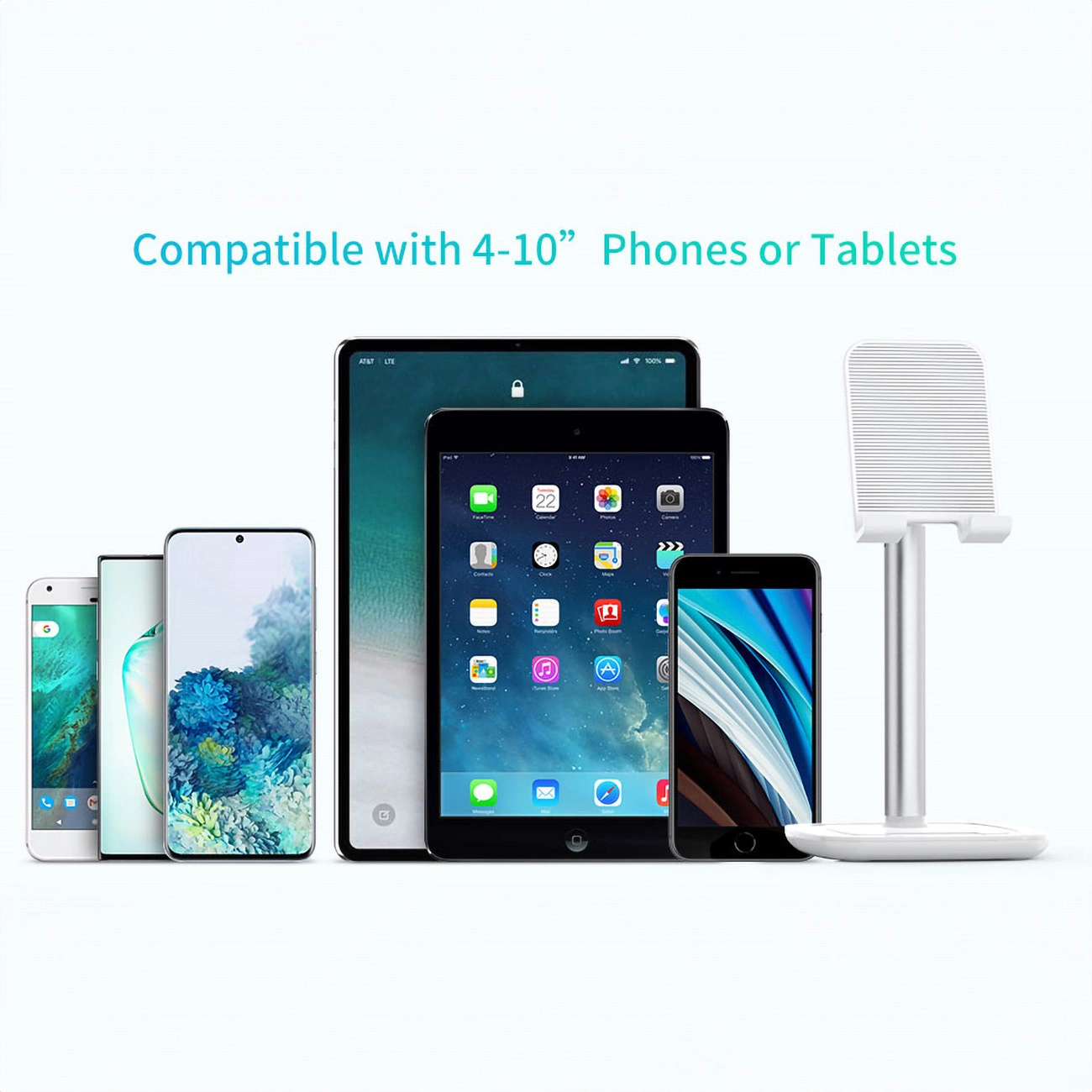 Das Bild zeigt mehrere Smartphones und Tablets unterschiedlicher Größe, einen weißen Telefonständer und Text: Kompatibel mit 4-10" Telefonen oder Tablets.