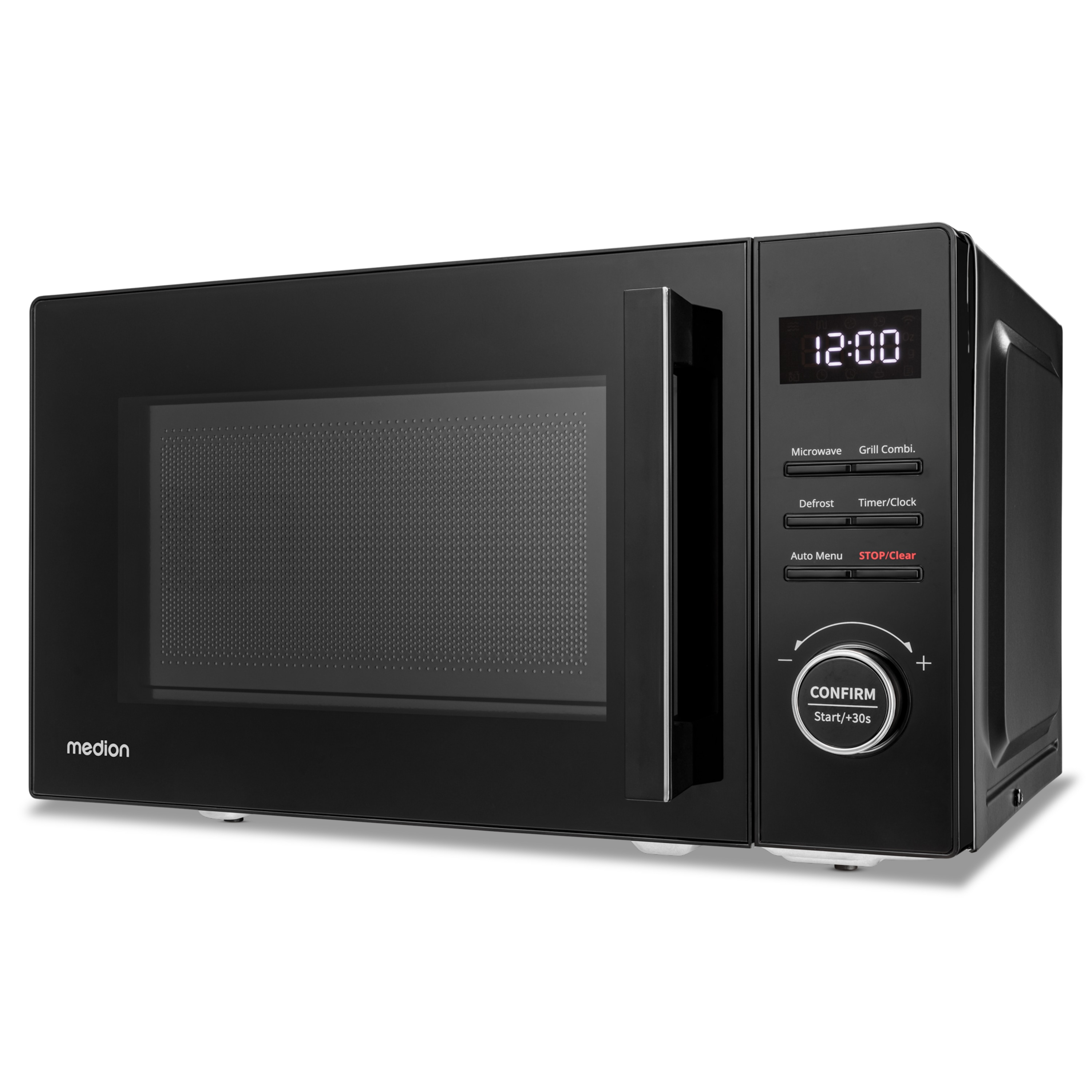 Un horno microondas Medion negro. La pantalla muestra las 12:00. Tiene botones para microondas, grill, descongelar y temporizador.