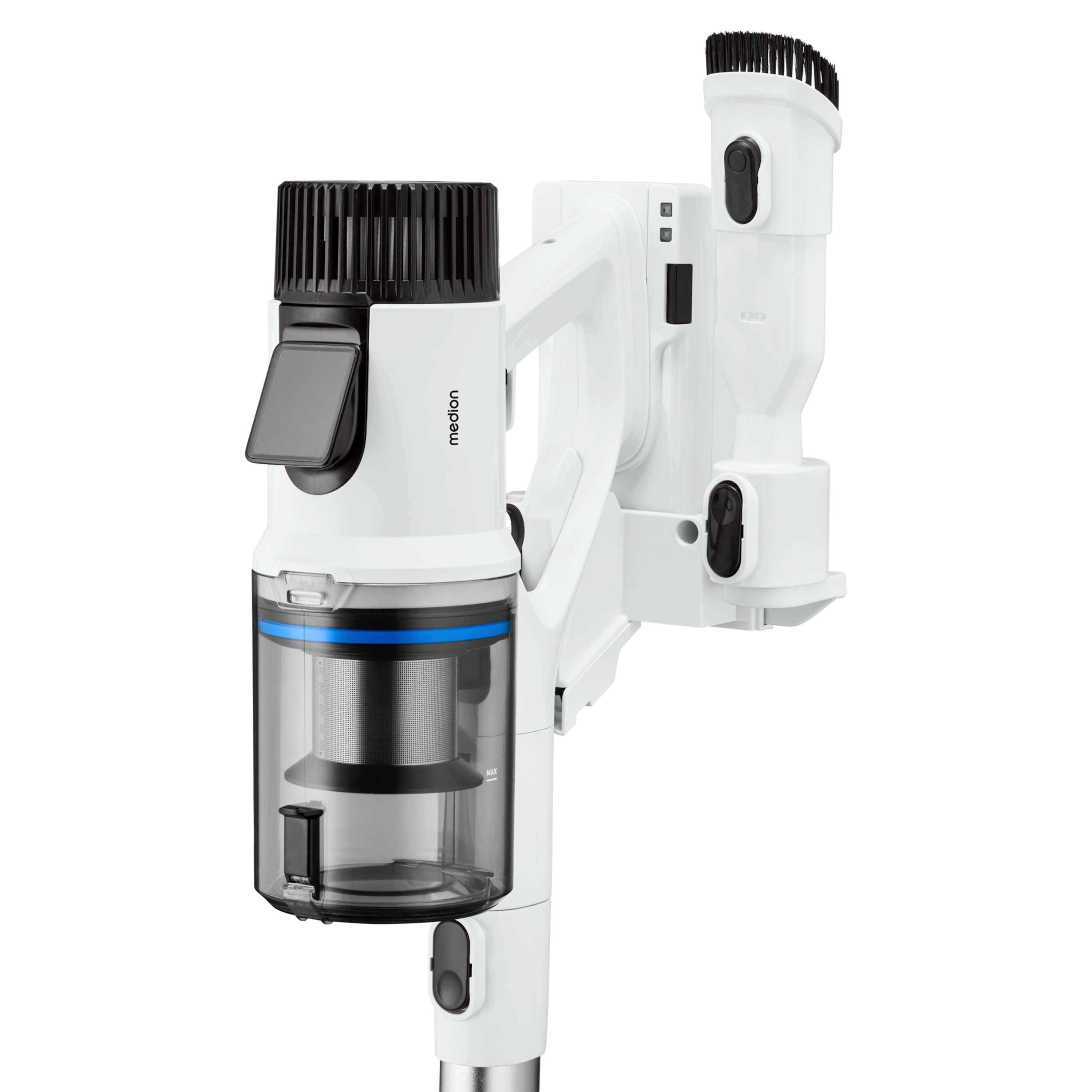 White and black Medion vacuum cleaner on a white background. It has a transparent dust container.