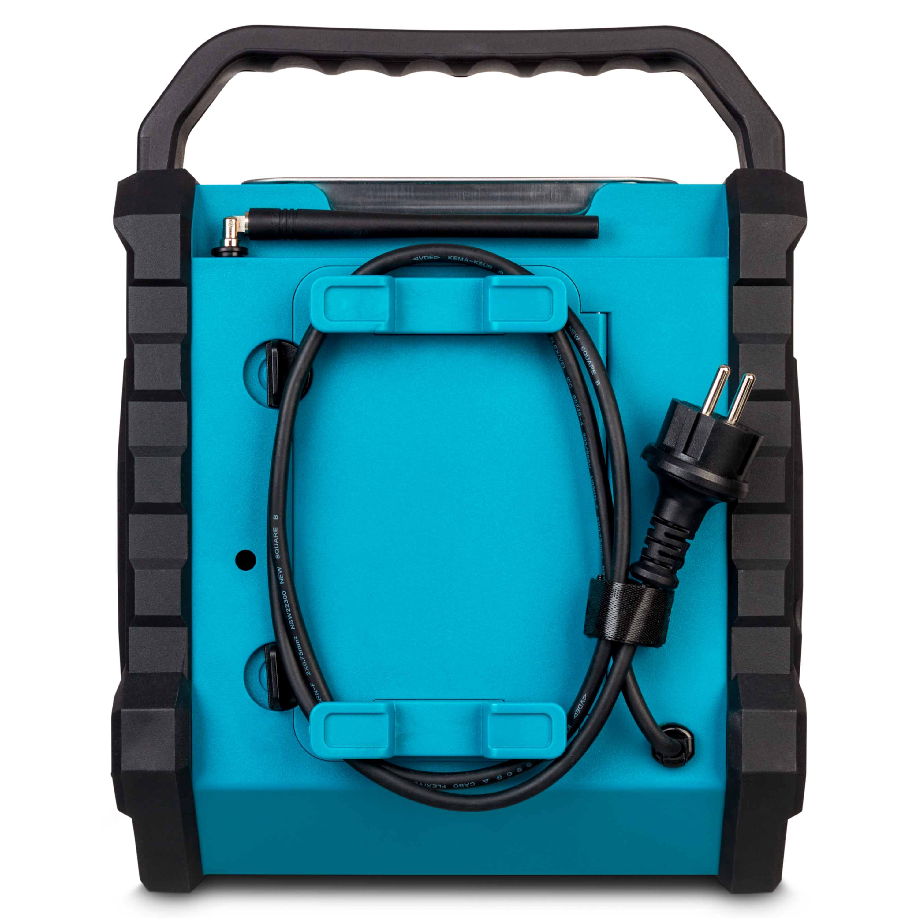 Un appareil turquoise avec une poignée noire, un cordon d'alimentation et un cadre noir. Il a une prise et un support de câble.