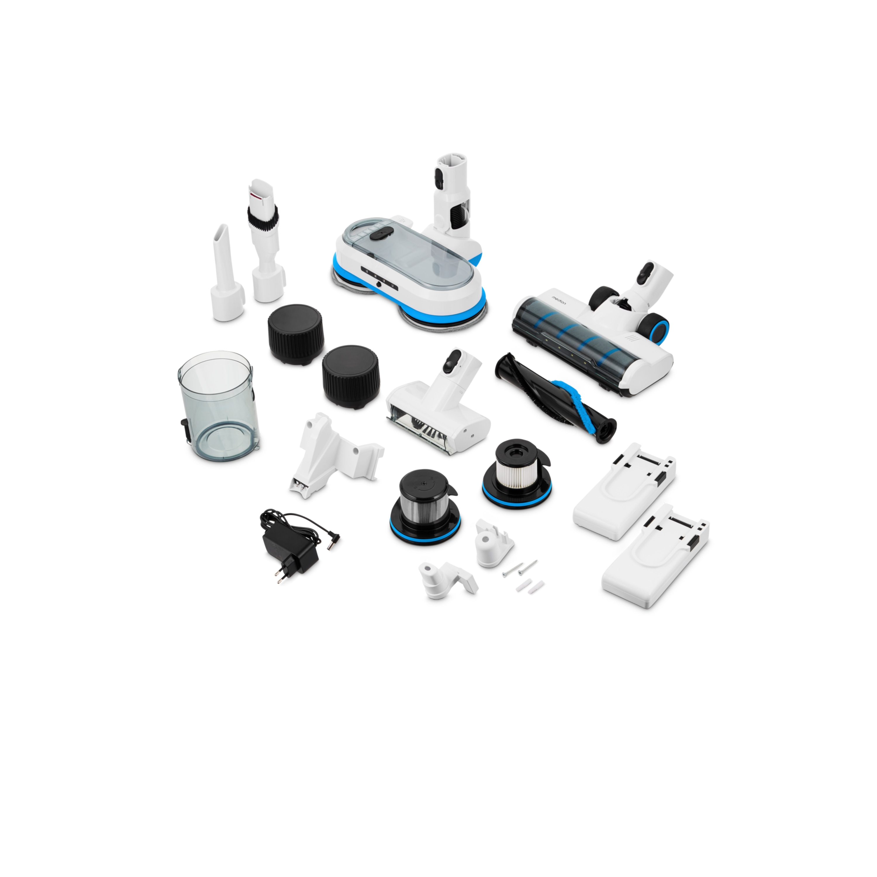 Diverses pièces d'aspirateur disposées sur une surface blanche. Inclut brosses, filtres et adaptateur de charge.