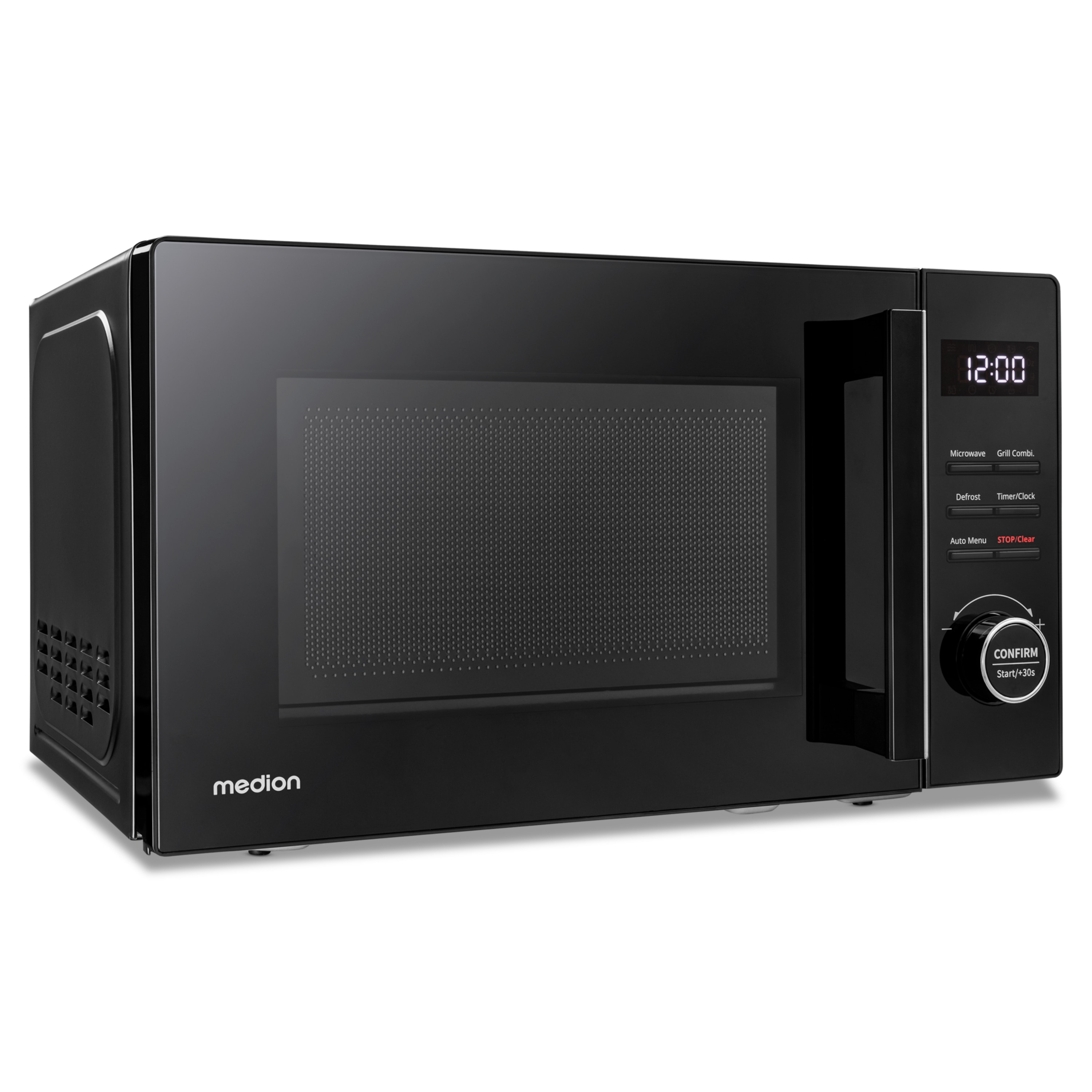 Un horno microondas negro Medion. Tiene un reloj digital que muestra las 12:00. Panel de control a la derecha.