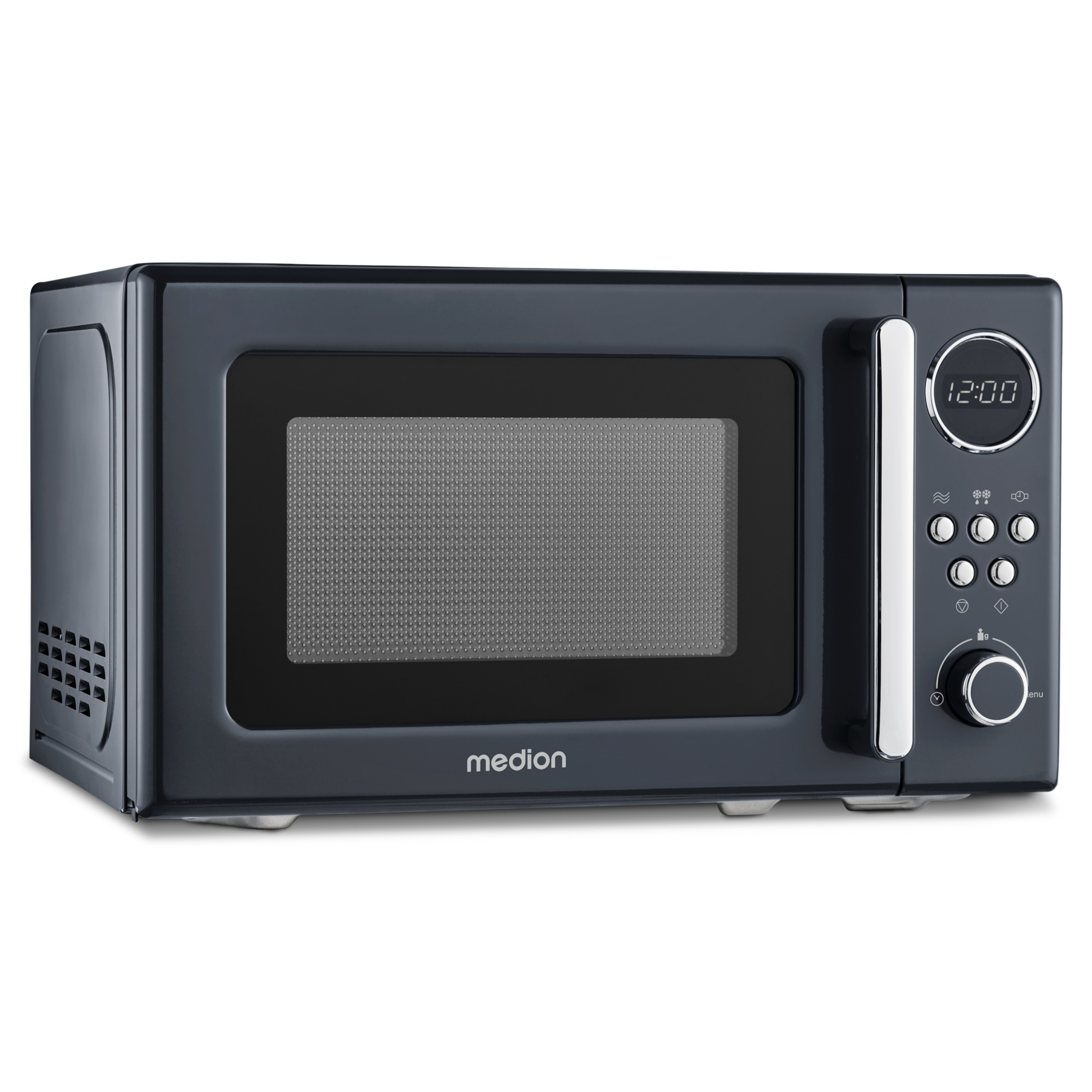Ciemnoszara kuchenka mikrofalowa Medion. Ma cyfrowy zegar i panel sterowania po prawej stronie. Drzwi są zamknięte.