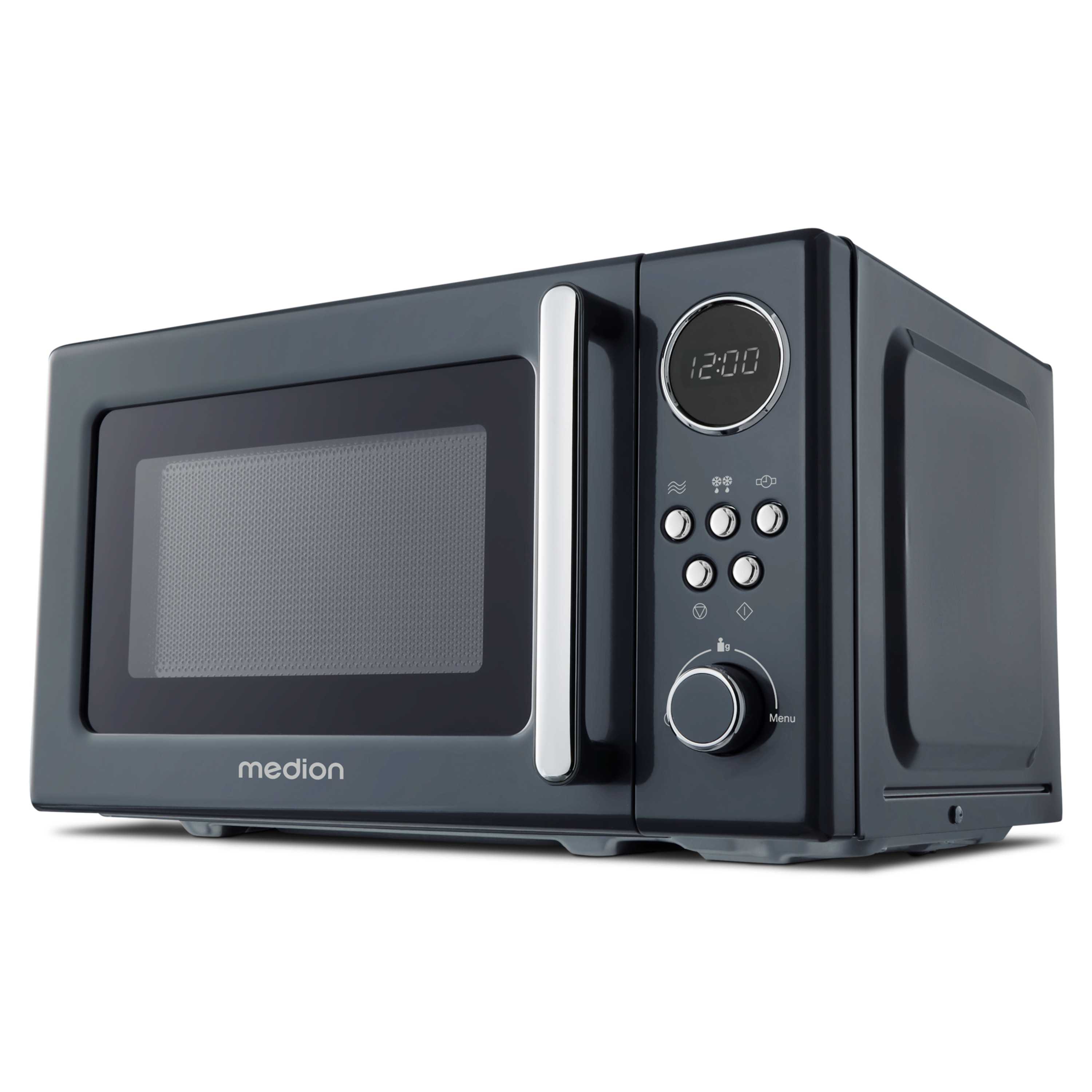 Ciemnoszara kuchenka mikrofalowa Medion na białej powierzchni. Ma cyfrowy zegar i przyciski.