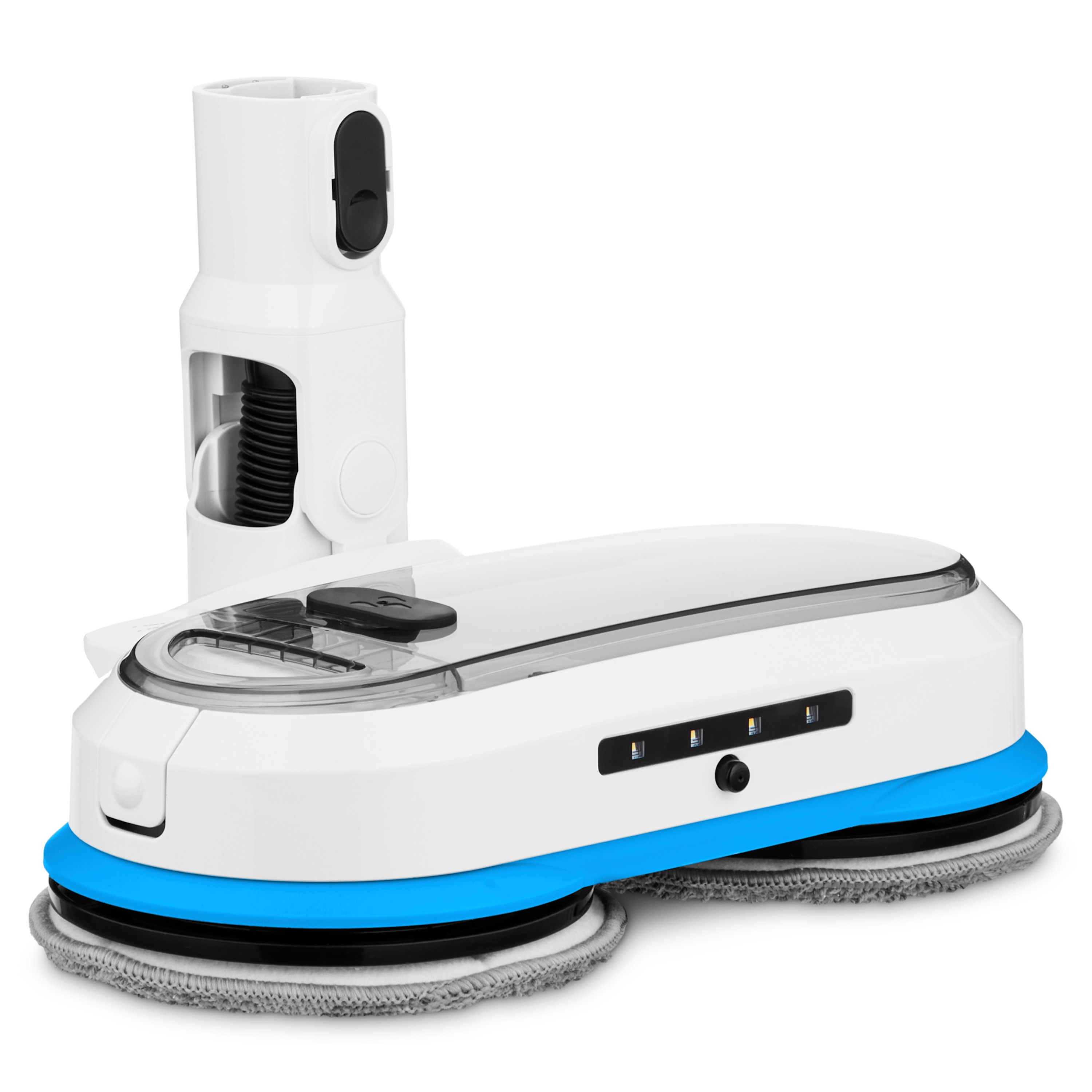 Un robot de nettoyage de sol blanc et bleu, avec un réservoir d'eau blanc séparé. Le nettoyeur a un tampon gris.