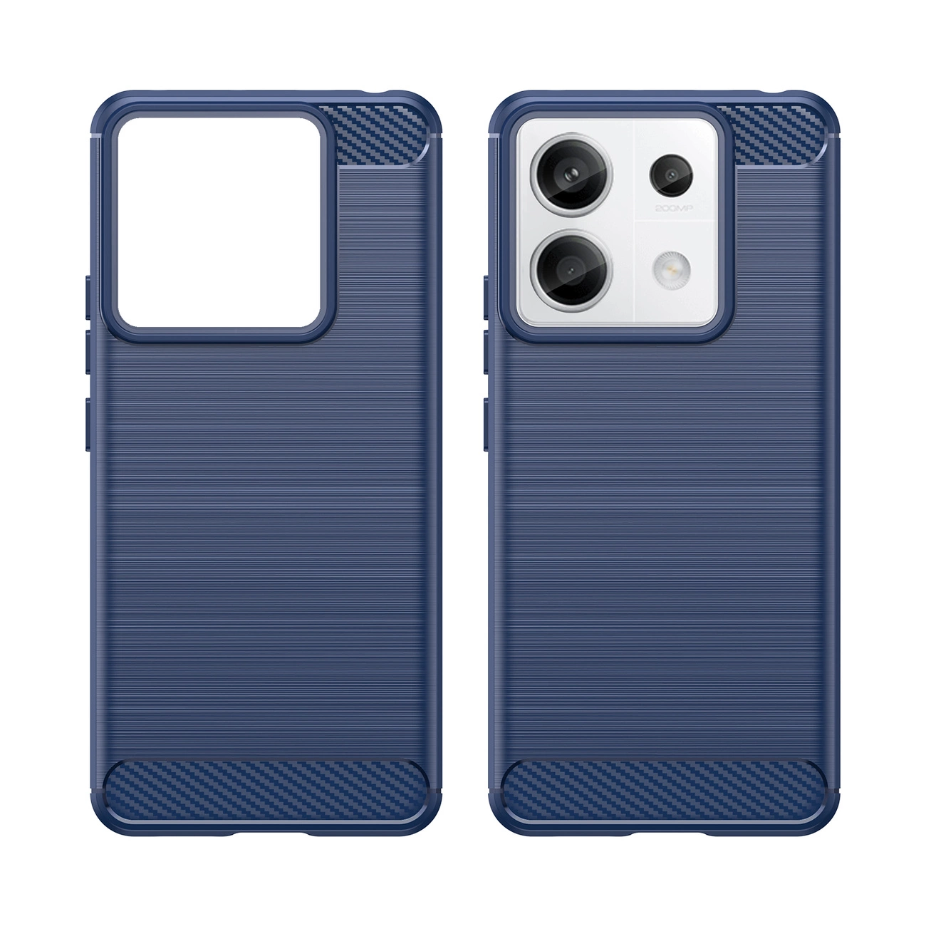 Due custodie blu per telefono. Una ha un ritaglio per la fotocamera, l'altra un quadrato vuoto. Entrambe hanno superfici strutturate e dettagli in fibra di carbonio.