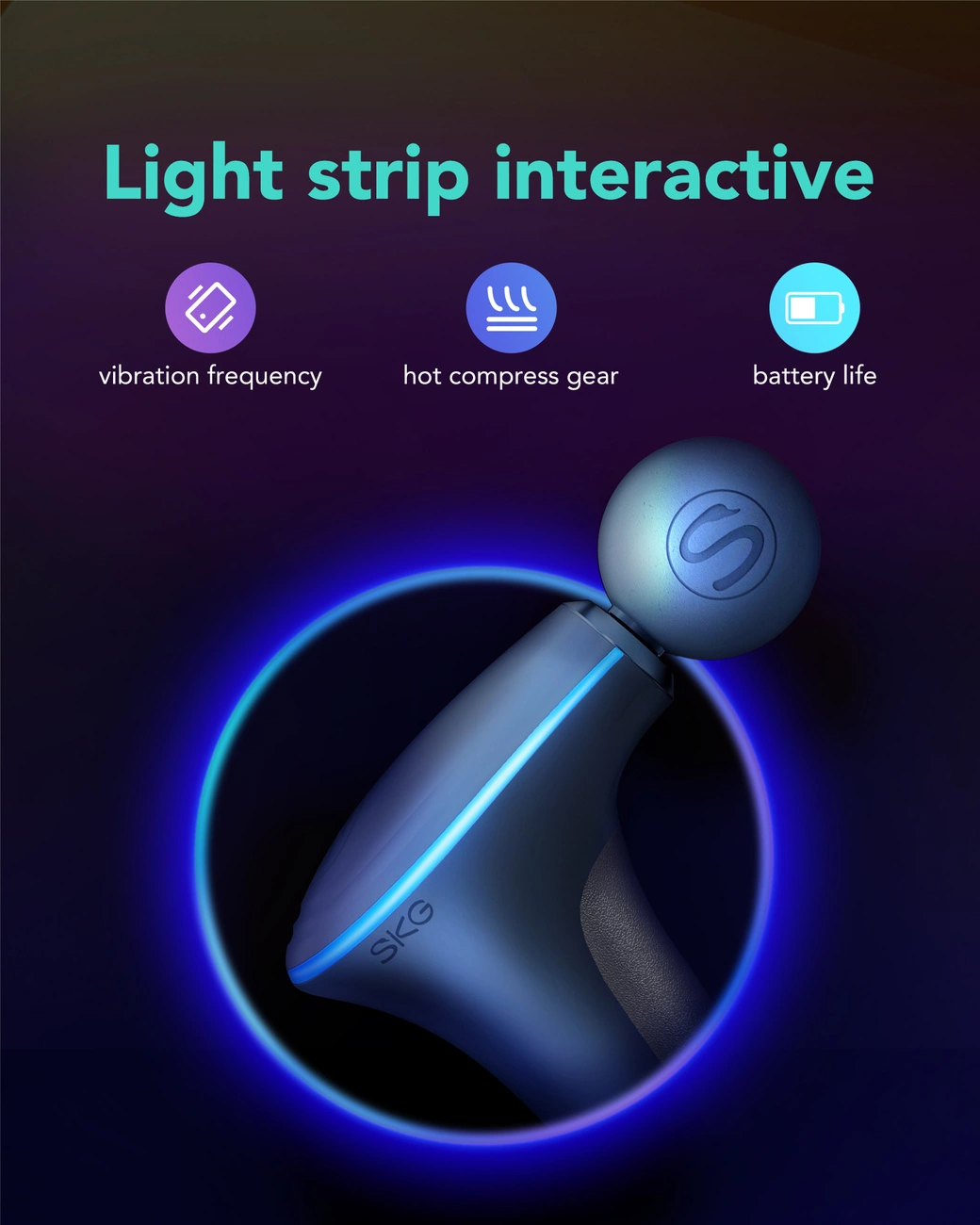 Ein Massagegerät mit blauem Lichtstreifen, Symbolen für Vibration, Wärme und Akkulaufzeit. Das Gerät hat ein 'SKG'-Logo.