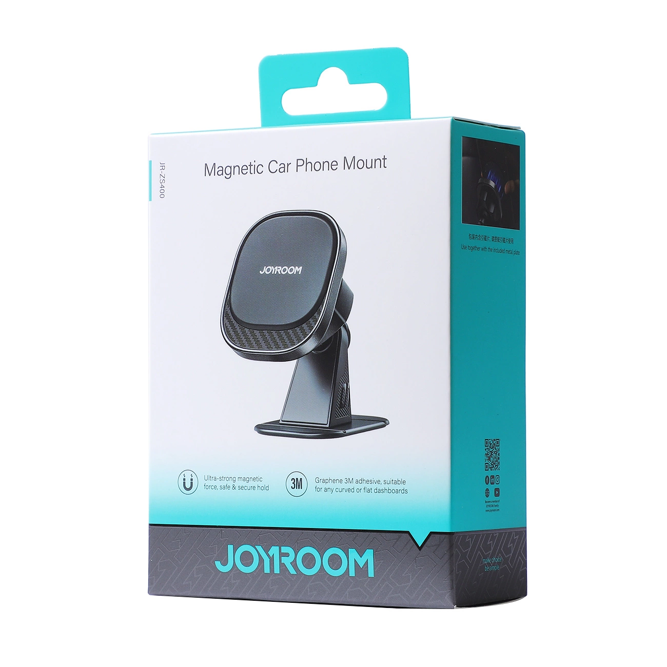 Pudełko magnetycznego uchwytu samochodowego na telefon. Pokazuje produkt, z marką 'JOYROOM' i niektórymi cechami produktu.