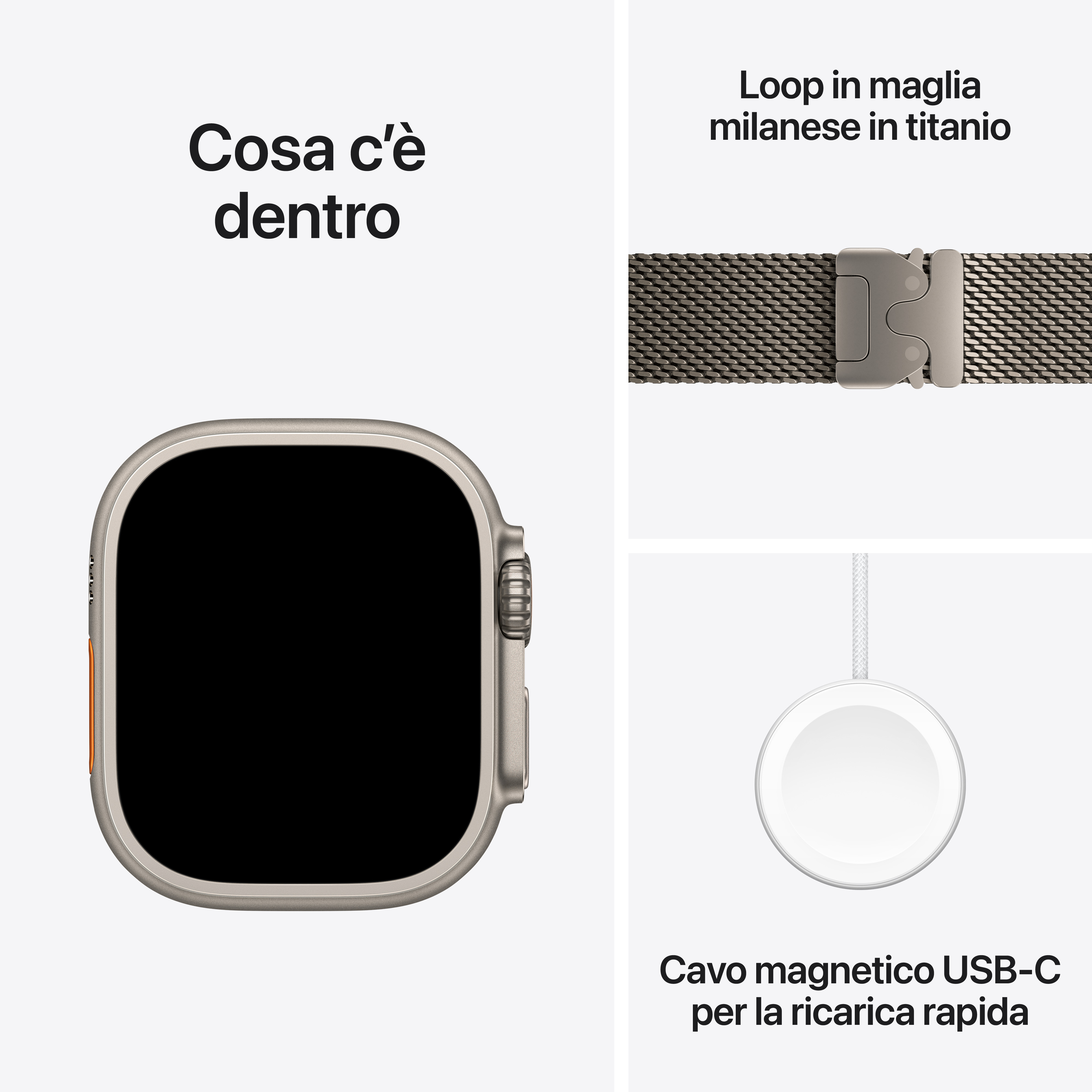 Obraz przedstawia Apple Watch, tytanową pętlę mediolańską i magnetyczny kabel ładujący USB-C.
