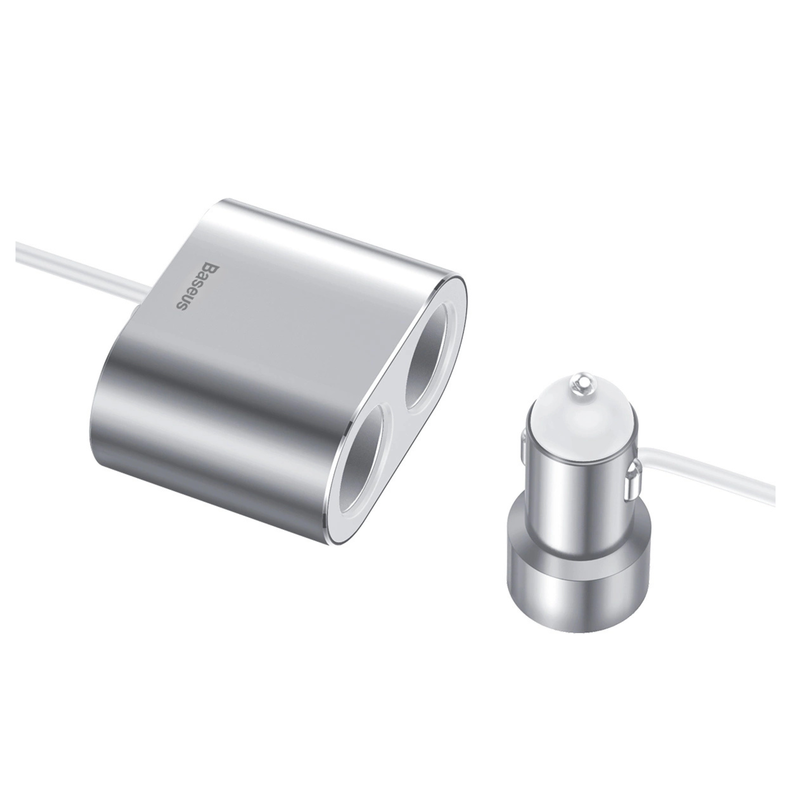 Srebrna ładowarka samochodowa z dwoma portami i oddzielną wtyczką, obie z białymi kablami, na białym tle.