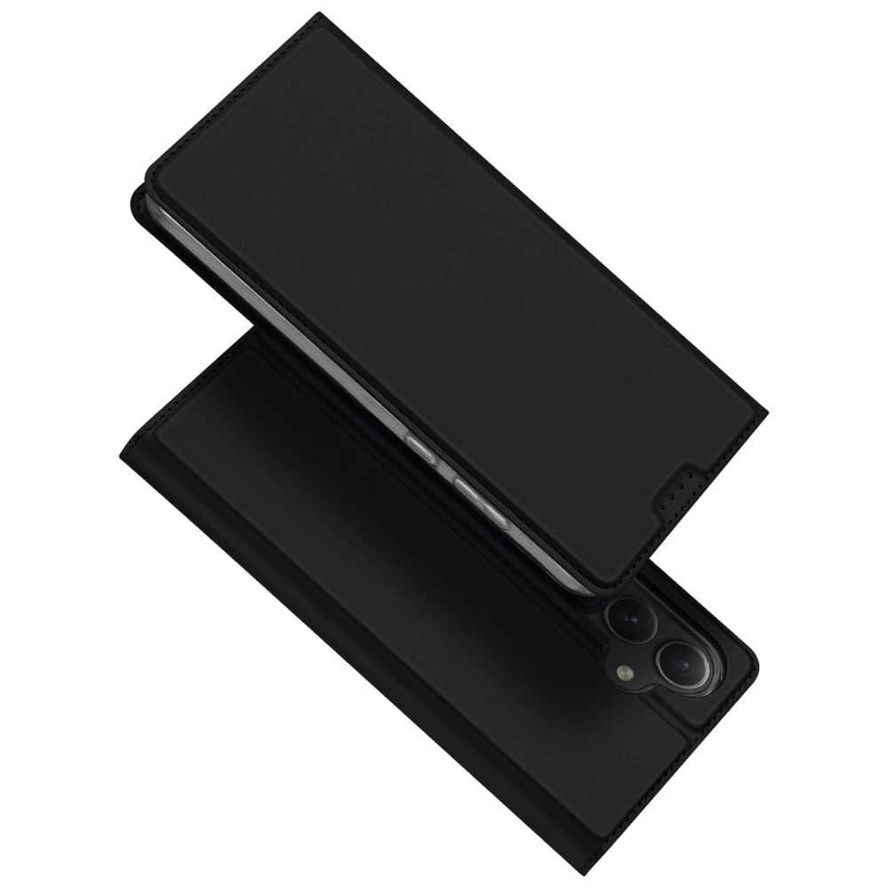 Una custodia nera per telefono è aperta, mostrando il telefono all'interno. La custodia è simile alla pelle, con una chiusura magnetica.