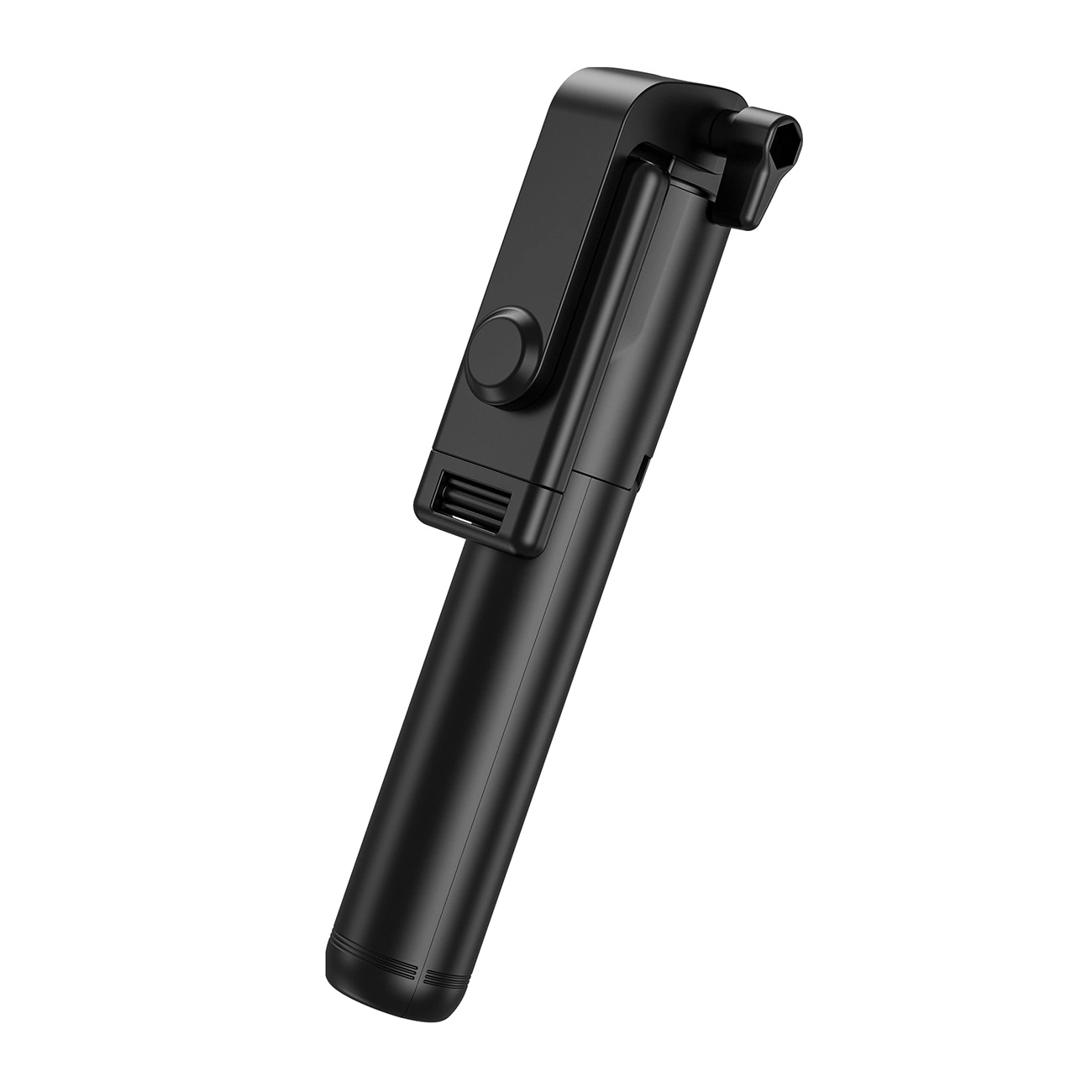Ein schwarzer Selfie-Stick ist angewinkelt. Er hat einen Knopf, einen USB-Anschluss und eine verstellbare Telefonhalterung. Der Hintergrund ist weiß.
