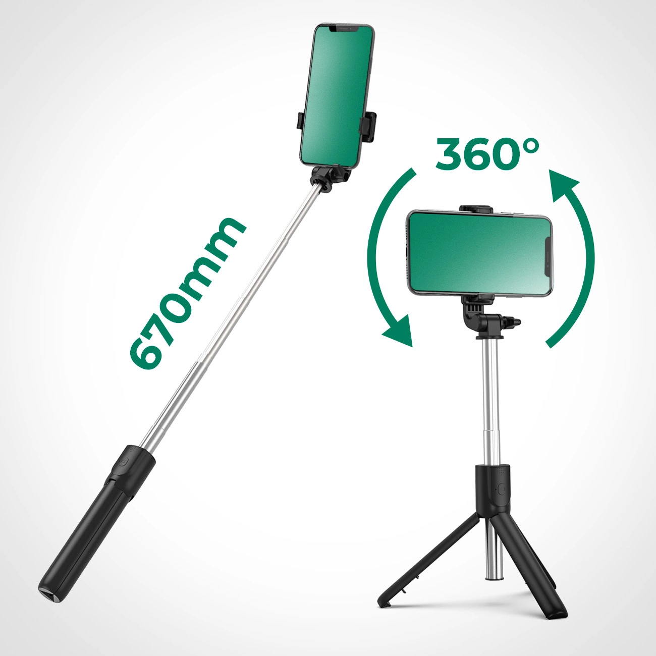 Das Bild zeigt einen Selfie-Stick und ein Stativ. Telefone sind montiert. Ein Stick erstreckt sich auf 670 mm. Das Stativ ermöglicht eine 360-Grad-Drehung.