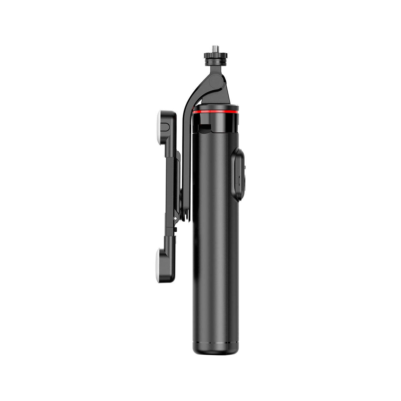 Ein schwarzer Smartphone-Stabilisator mit rotem Ringdetail. Er hat eine Telefonklemme und Verstellteile. Isoliert auf weißem Hintergrund.