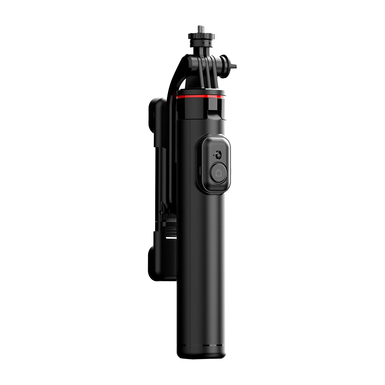 Ein schwarzer Selfie-Stick mit roter Akzentfarbe. Er hat eine Kamerataste und eine Telefonhalterung. Der Hintergrund ist weiß.