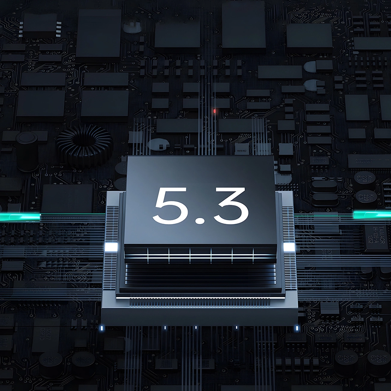 Zbliżenie na płytkę obwodu drukowanego. Centralny prostokątny element wyświetla liczbę 5.3. Widoczne są różne elementy elektroniczne.