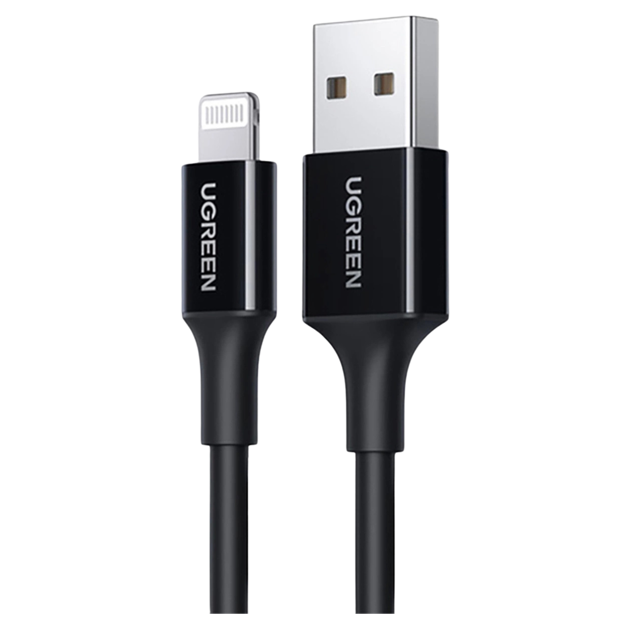 Siyah bir UGREEN USB kablosu, lightning konnektörlü. Bir ucunda USB-A, diğer ucunda lightning, her ikisi de UGREEN etiketli.