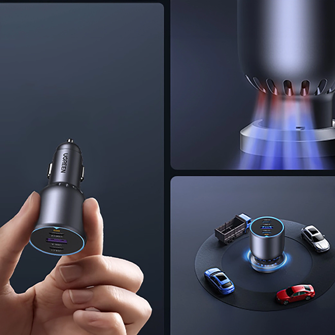 Dłoń trzymająca ładowarkę samochodową UGREEN. Zbliżenia na ładowarkę i podstawę z zabawkami. Niebieskie i czerwone światła.