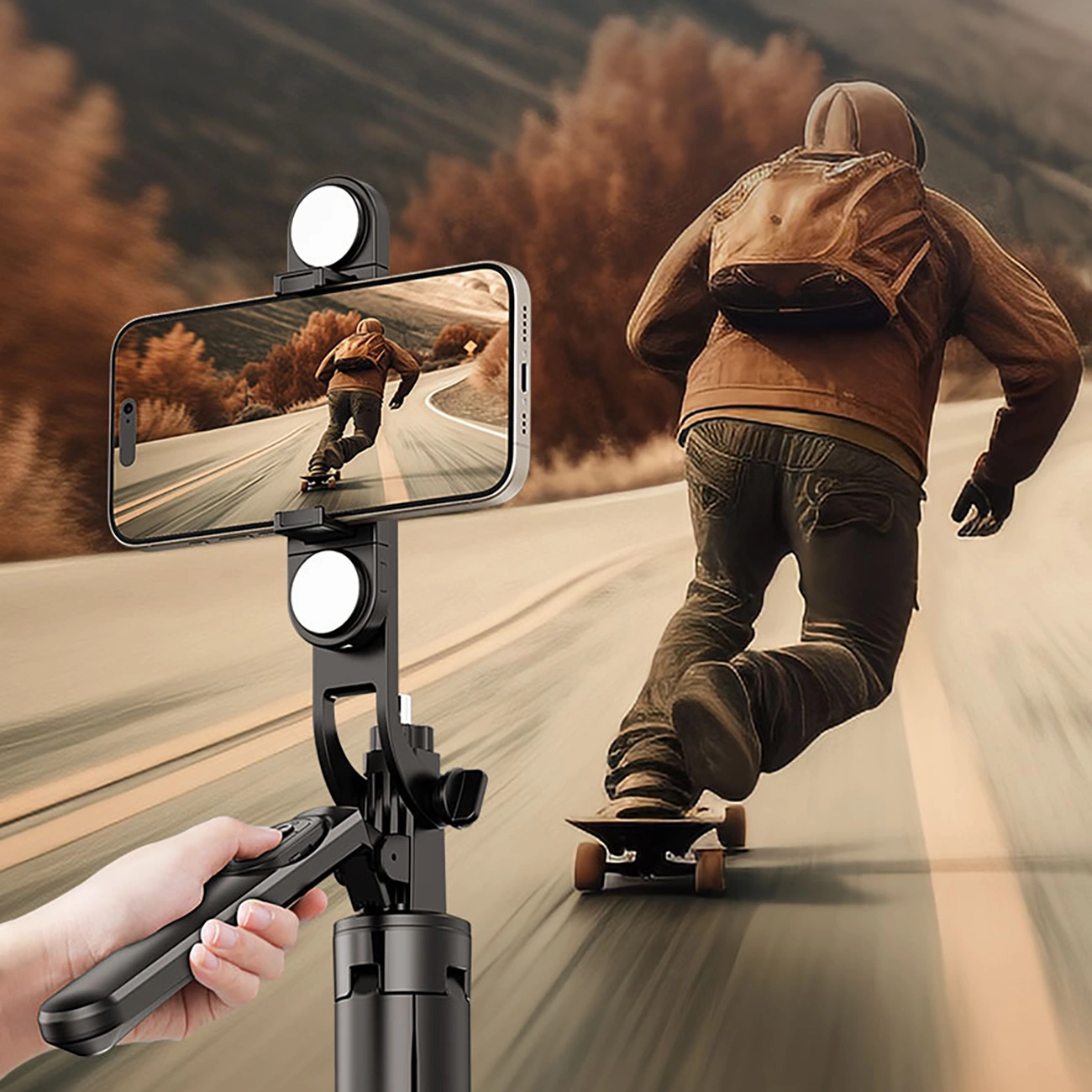 Eine Person, die Skateboard fährt, wird von einem Telefon auf einem Stativ gefilmt. Das Telefon ist scharf, die Person leicht verschwommen.
