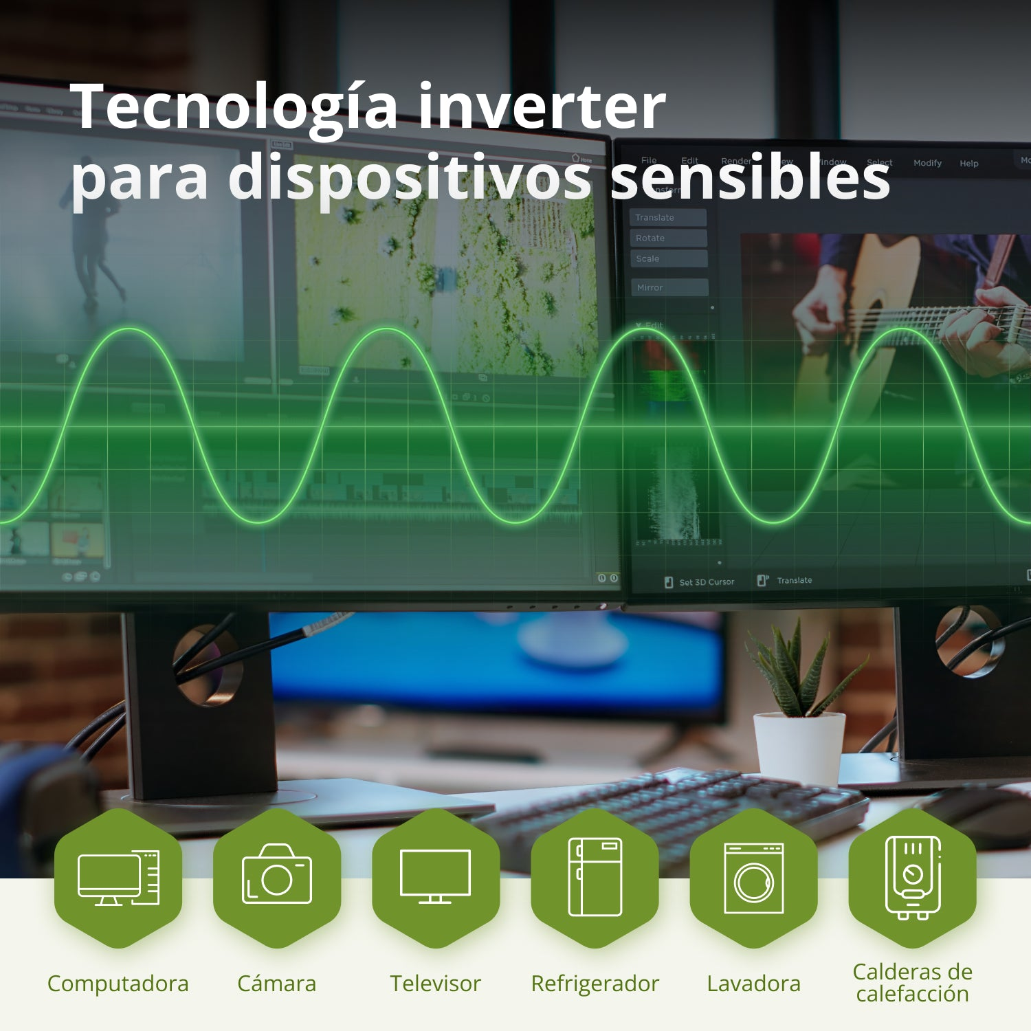 Obraz przedstawia ekrany komputera z zieloną nakładką fali. Ikony urządzeń znajdują się na dole. Tekst brzmi 'Tecnología inverter'.
